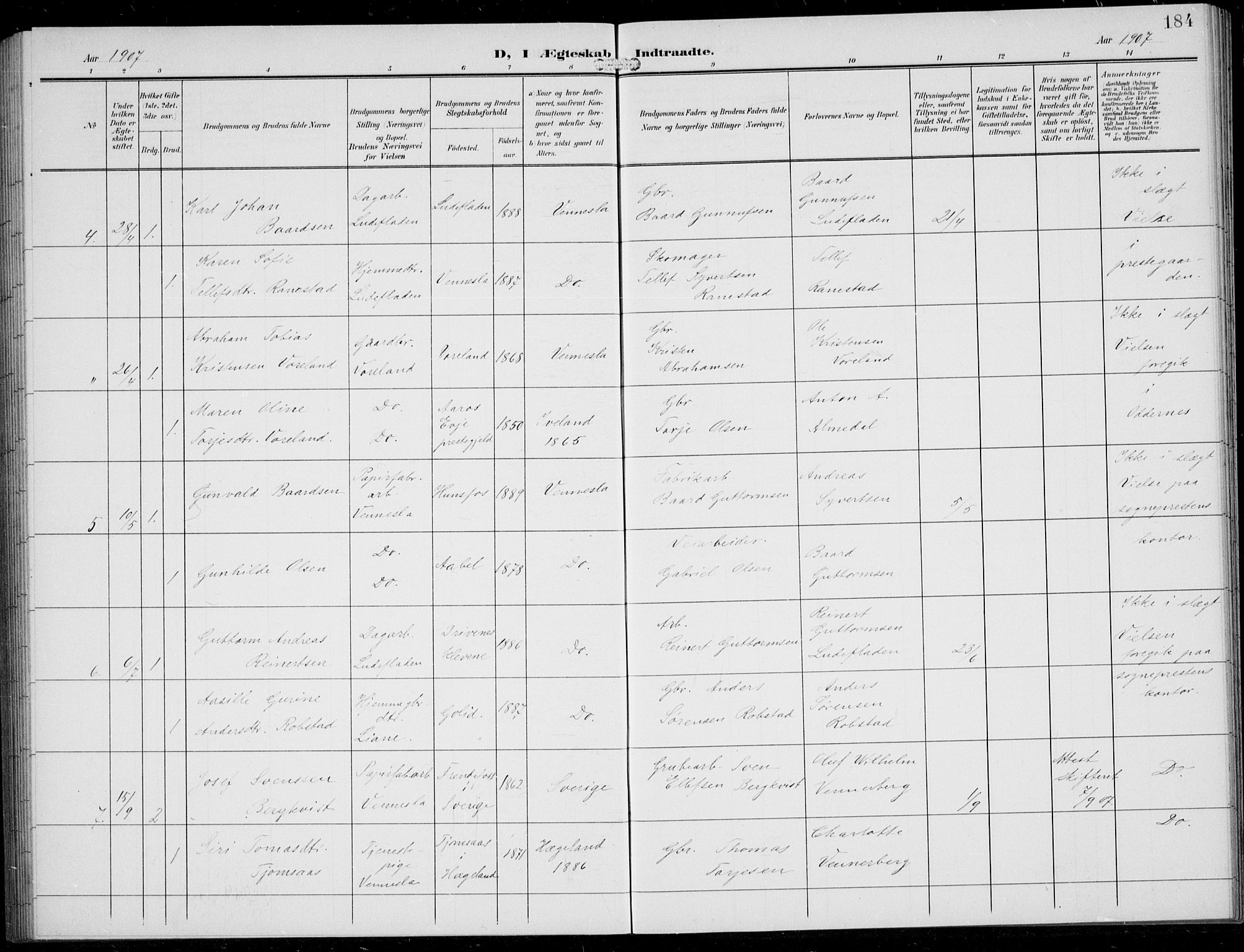 Vennesla sokneprestkontor, AV/SAK-1111-0045/Fb/Fbb/L0005: Parish register (copy) no. B 5, 1903-1913, p. 184