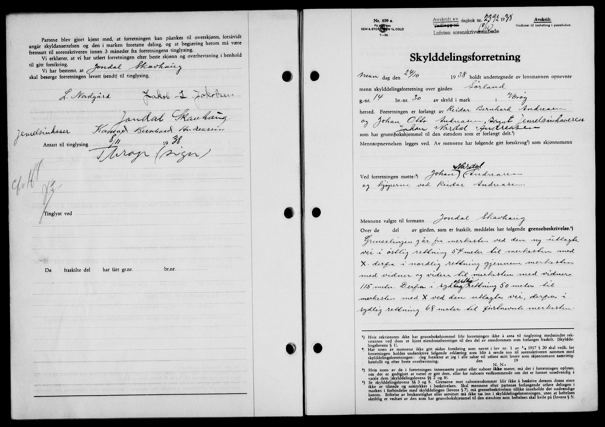Lofoten sorenskriveri, SAT/A-0017/1/2/2C/L0004a: Mortgage book no. 4a, 1938-1938, Diary no: : 2392/1938