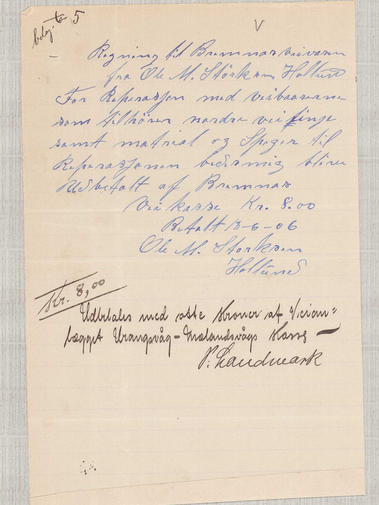 Finnaas kommune. Formannskapet, IKAH/1218a-021/E/Ea/L0002/0004: Rekneskap for veganlegg / Rekneskap for veganlegget Urangsvåg - Mælandsvåg, 1906, p. 21