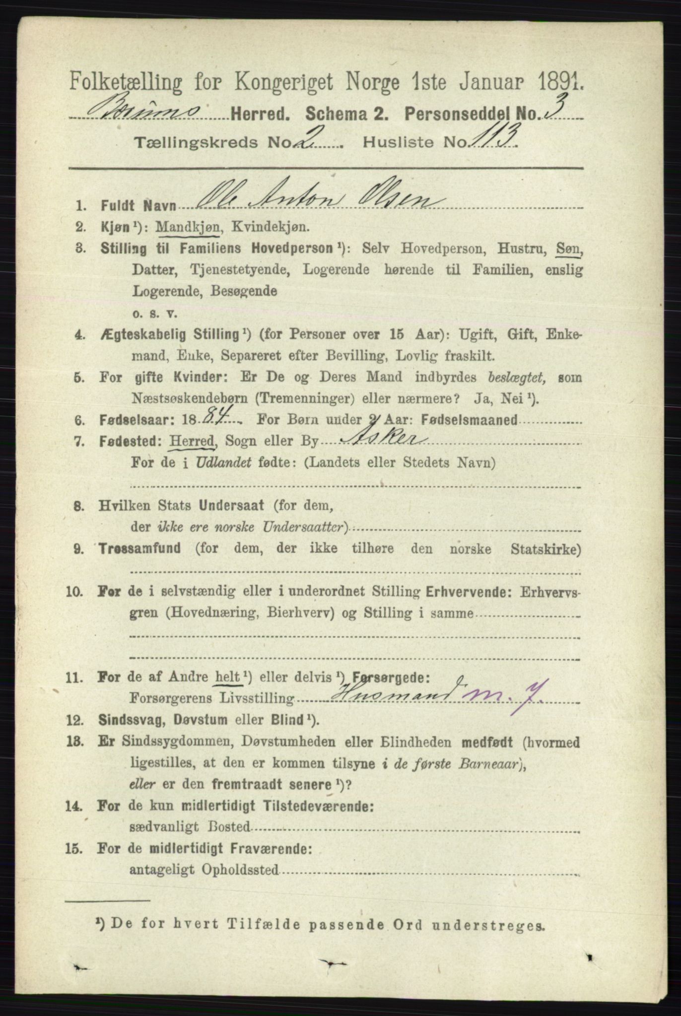 RA, 1891 census for 0219 Bærum, 1891, p. 1898