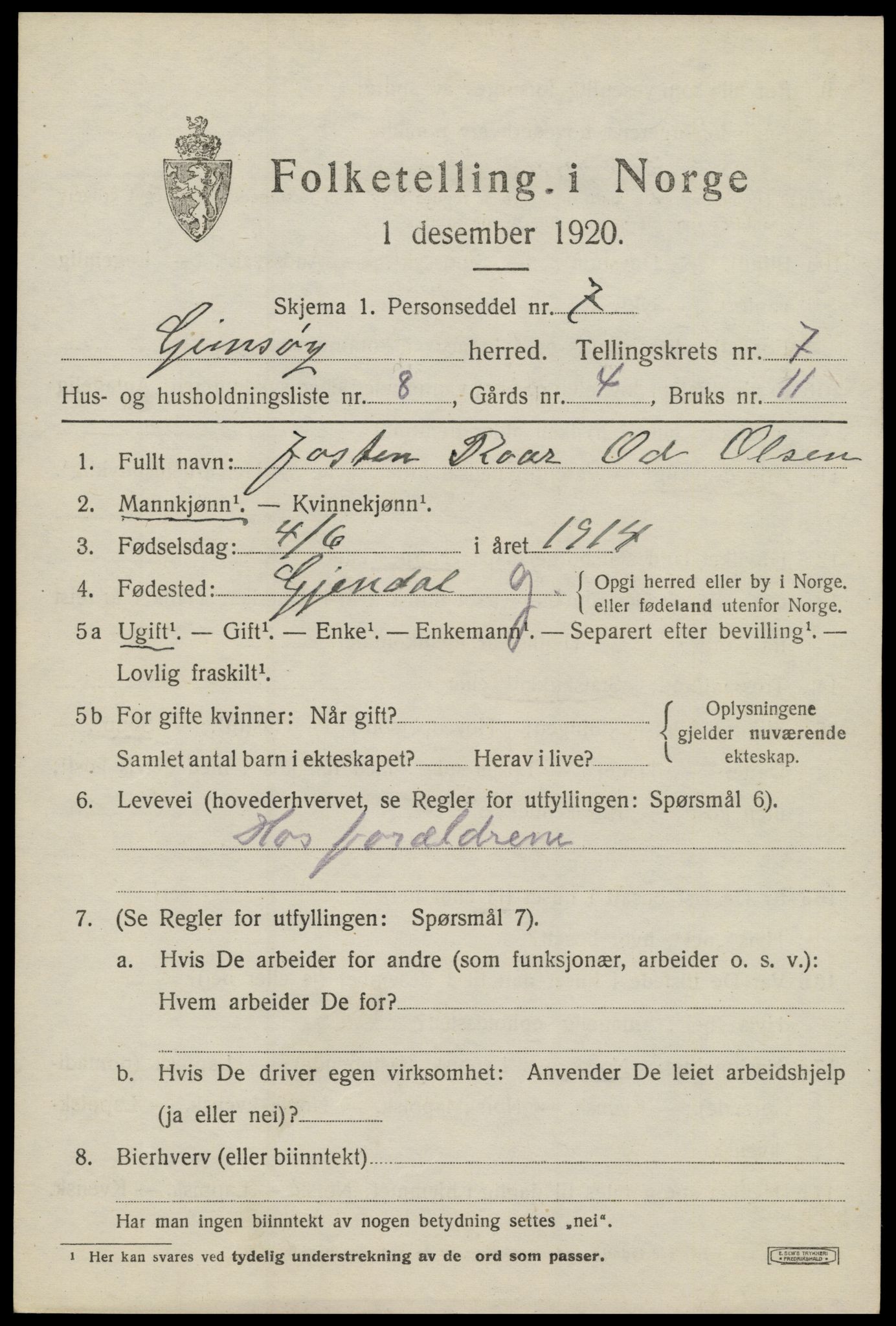 SAT, 1920 census for Gimsøy, 1920, p. 3203