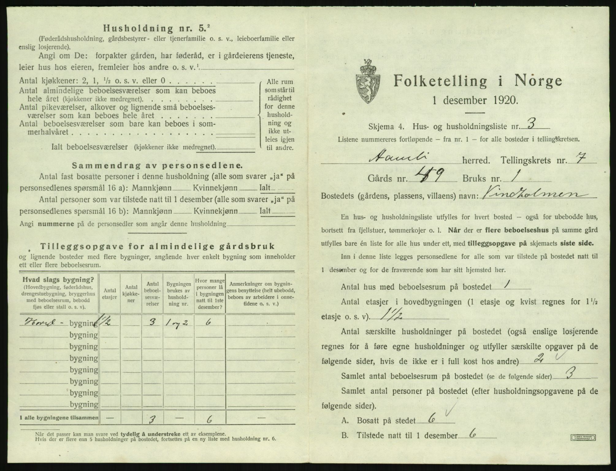 SAK, 1920 census for Åmli, 1920, p. 429