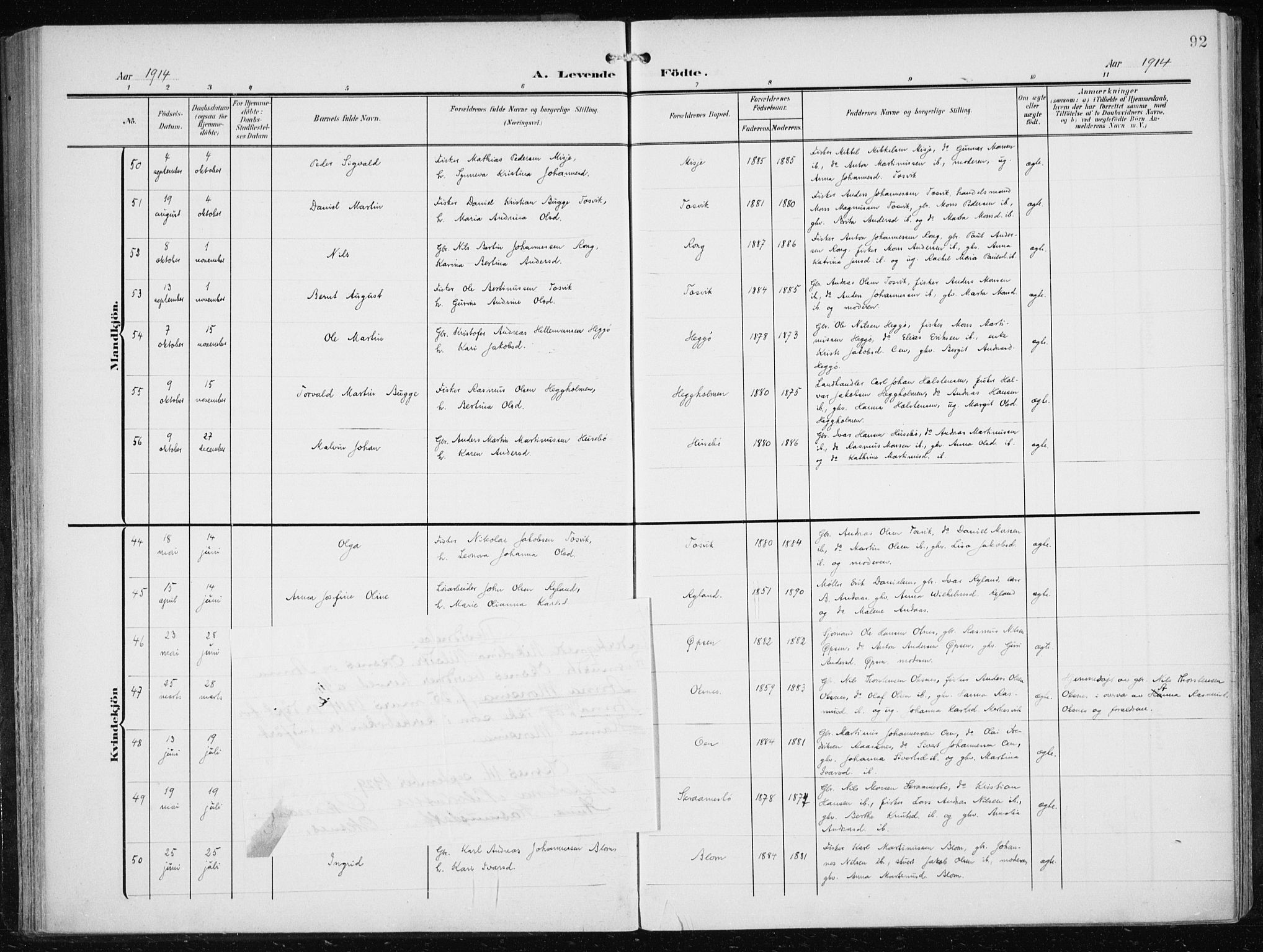 Herdla Sokneprestembete, AV/SAB-A-75701/H/Haa: Parish register (official) no. A 5, 1905-1918, p. 92