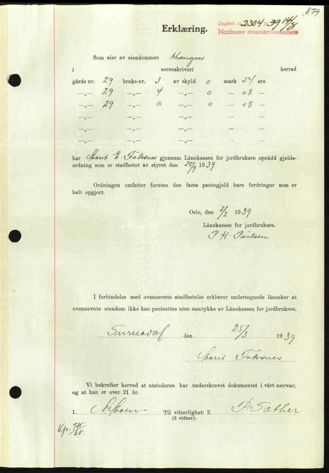 Nordmøre sorenskriveri, AV/SAT-A-4132/1/2/2Ca: Mortgage book no. B85, 1939-1939, Diary no: : 2304/1939