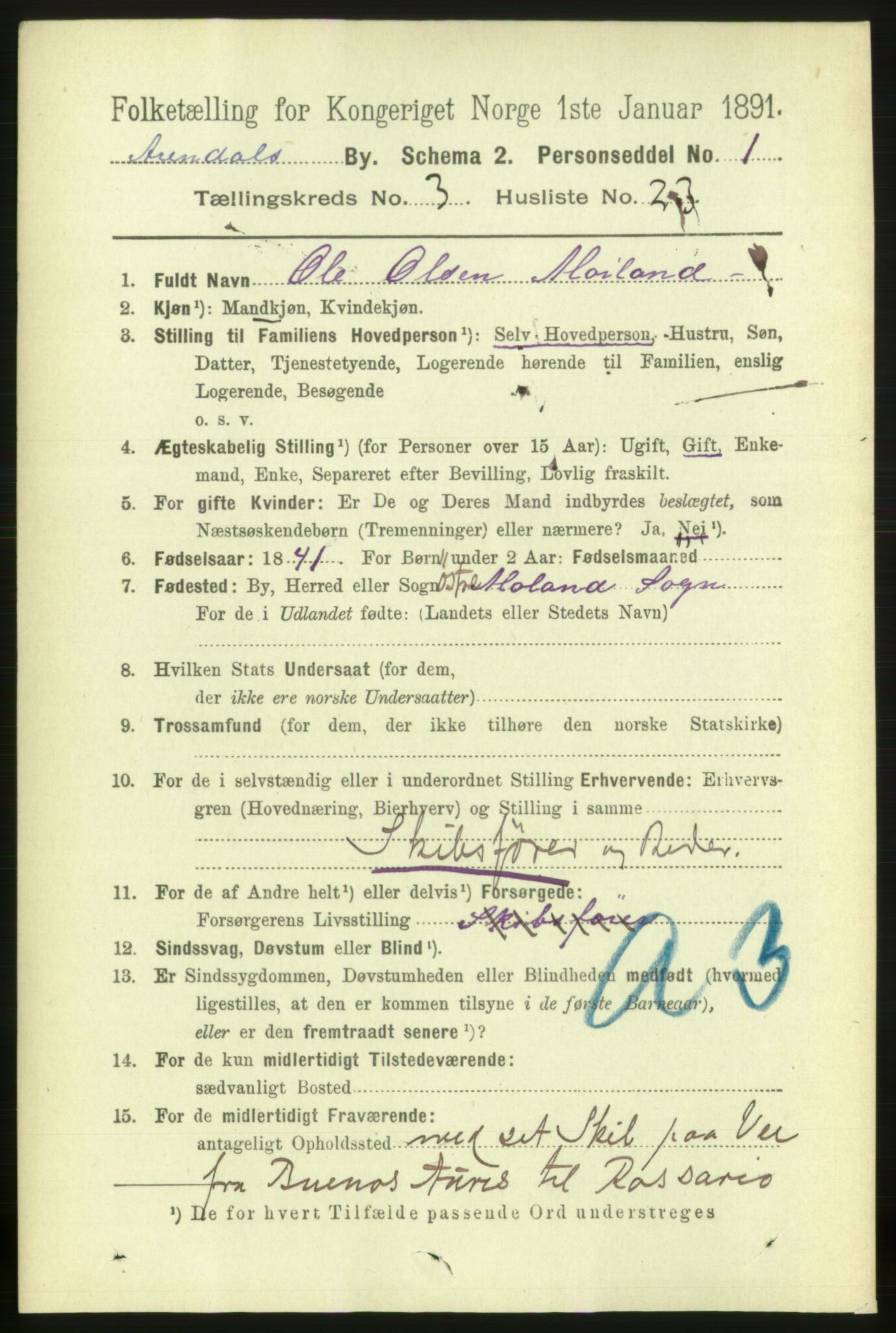 RA, 1891 census for 0903 Arendal, 1891, p. 1642