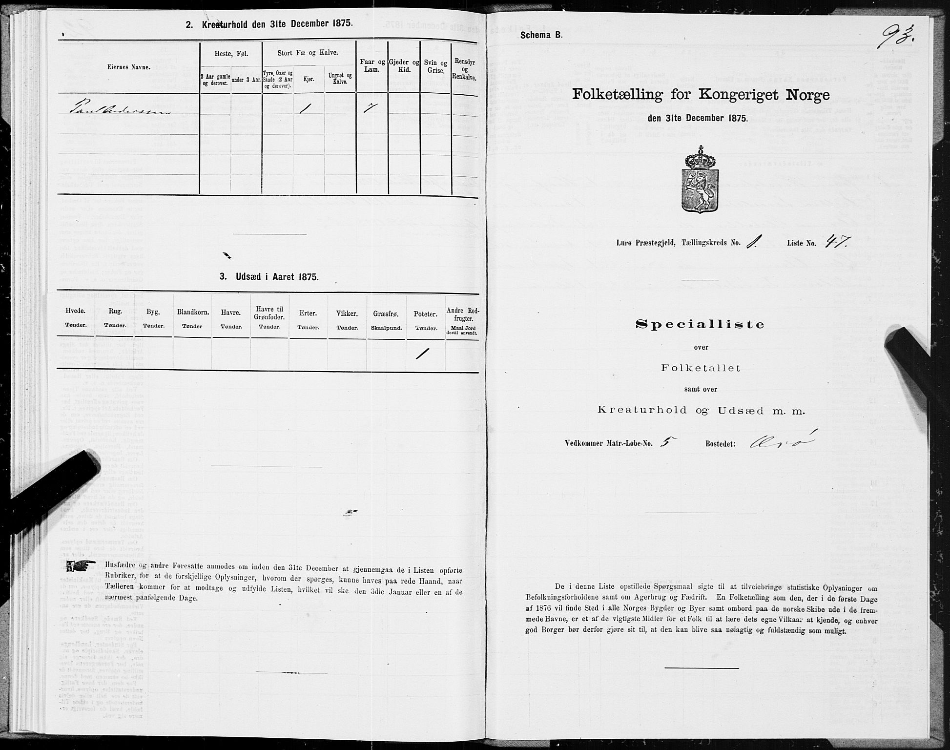 SAT, 1875 census for 1834P Lurøy, 1875, p. 1093