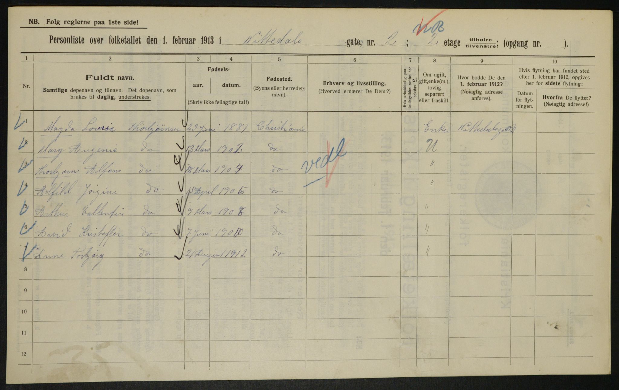 OBA, Municipal Census 1913 for Kristiania, 1913, p. 71217