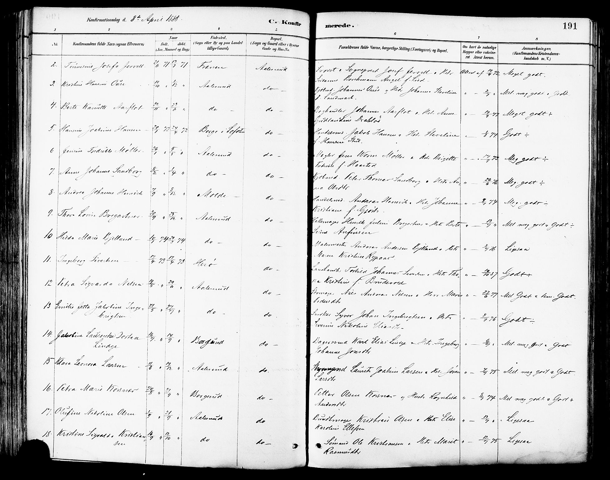 Ministerialprotokoller, klokkerbøker og fødselsregistre - Møre og Romsdal, AV/SAT-A-1454/529/L0455: Parish register (official) no. 529A05, 1885-1893, p. 191