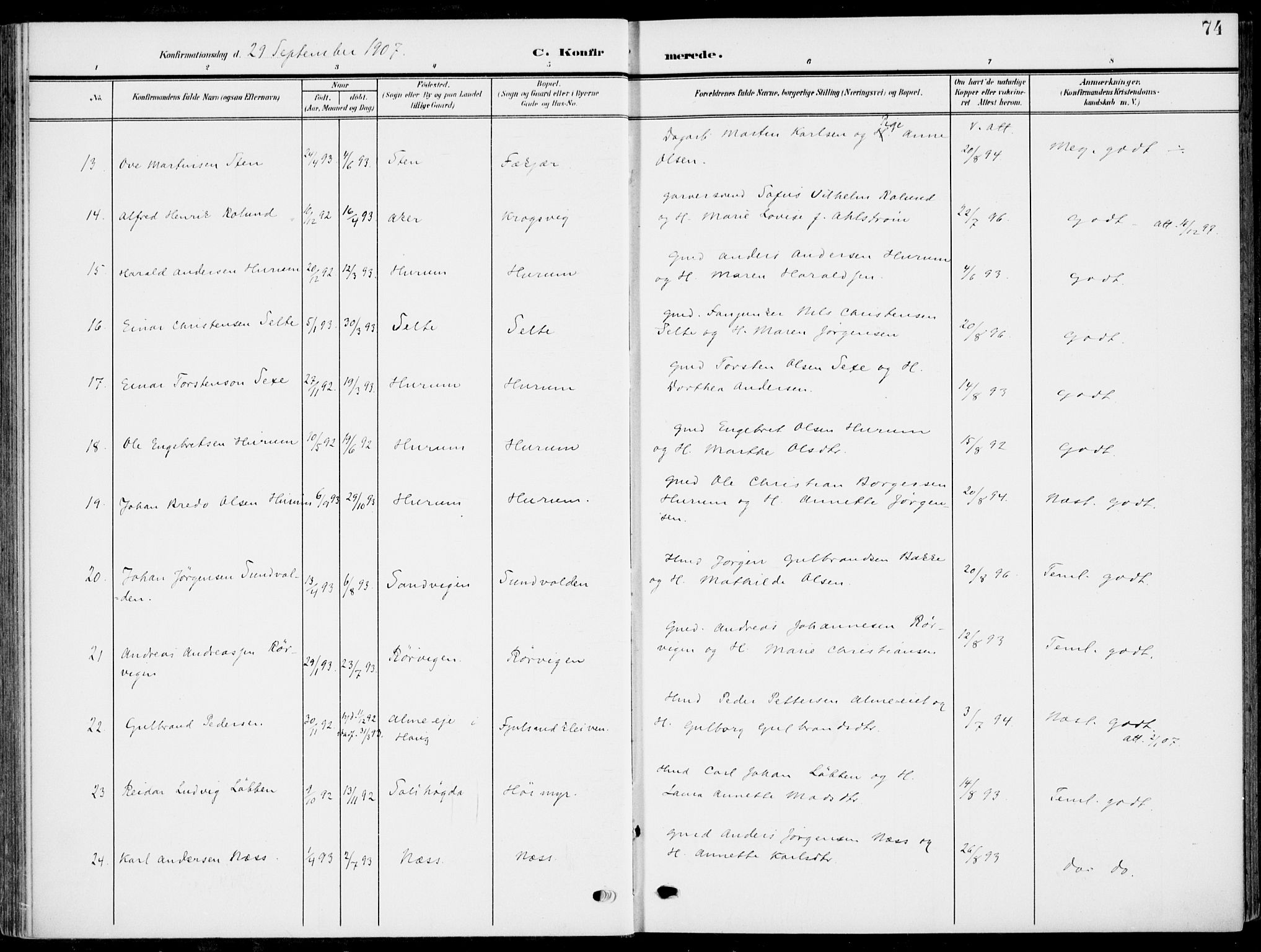 Hole kirkebøker, SAKO/A-228/F/Fa/L0010: Parish register (official) no. I 10, 1907-1917, p. 74