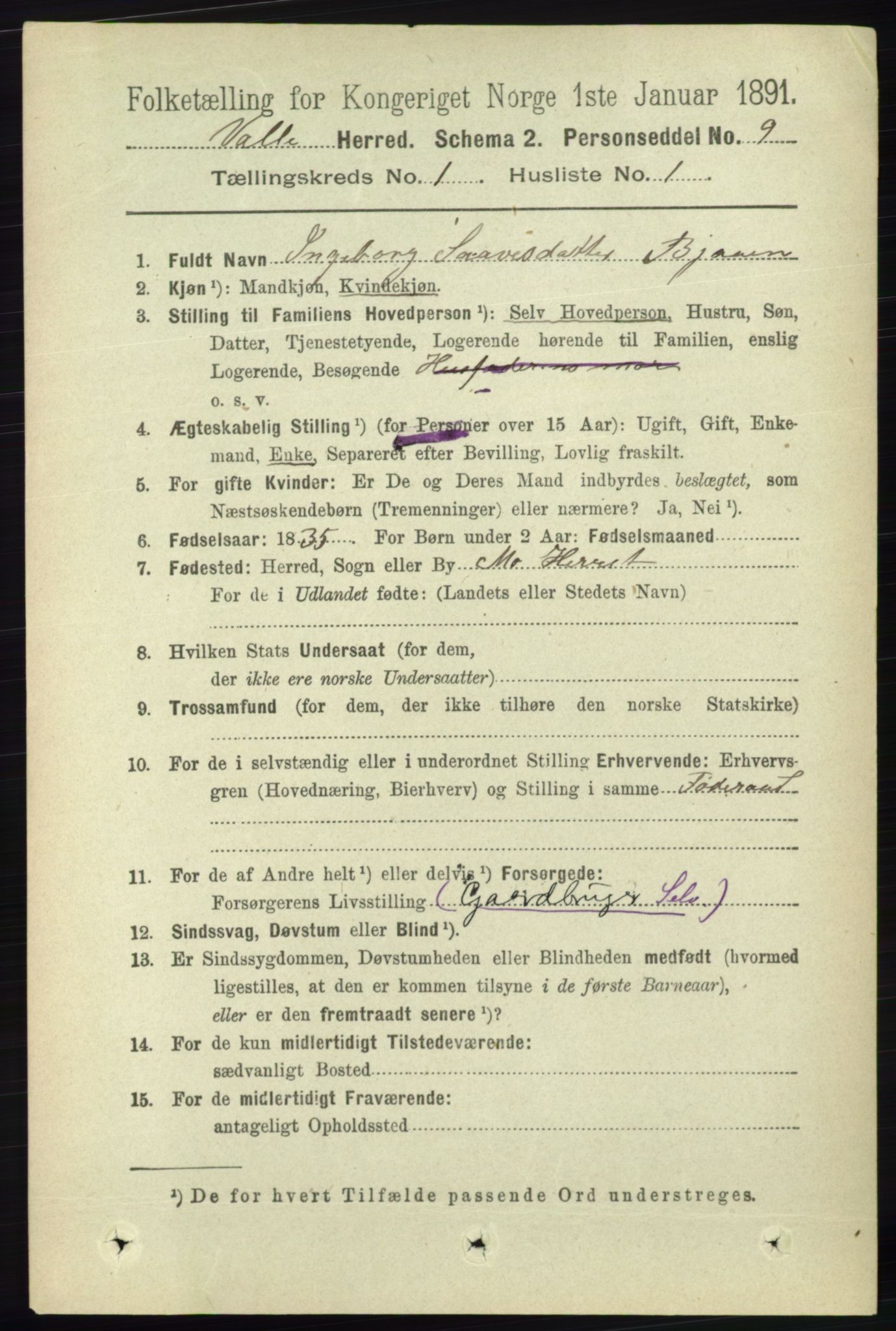 RA, 1891 census for 0940 Valle, 1891, p. 73