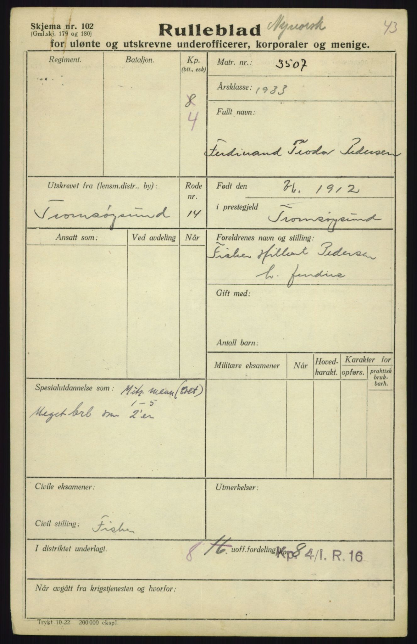 Forsvaret, Troms infanteriregiment nr. 16, AV/RA-RAFA-3146/P/Pa/L0017: Rulleblad for regimentets menige mannskaper, årsklasse 1933, 1933, p. 1003