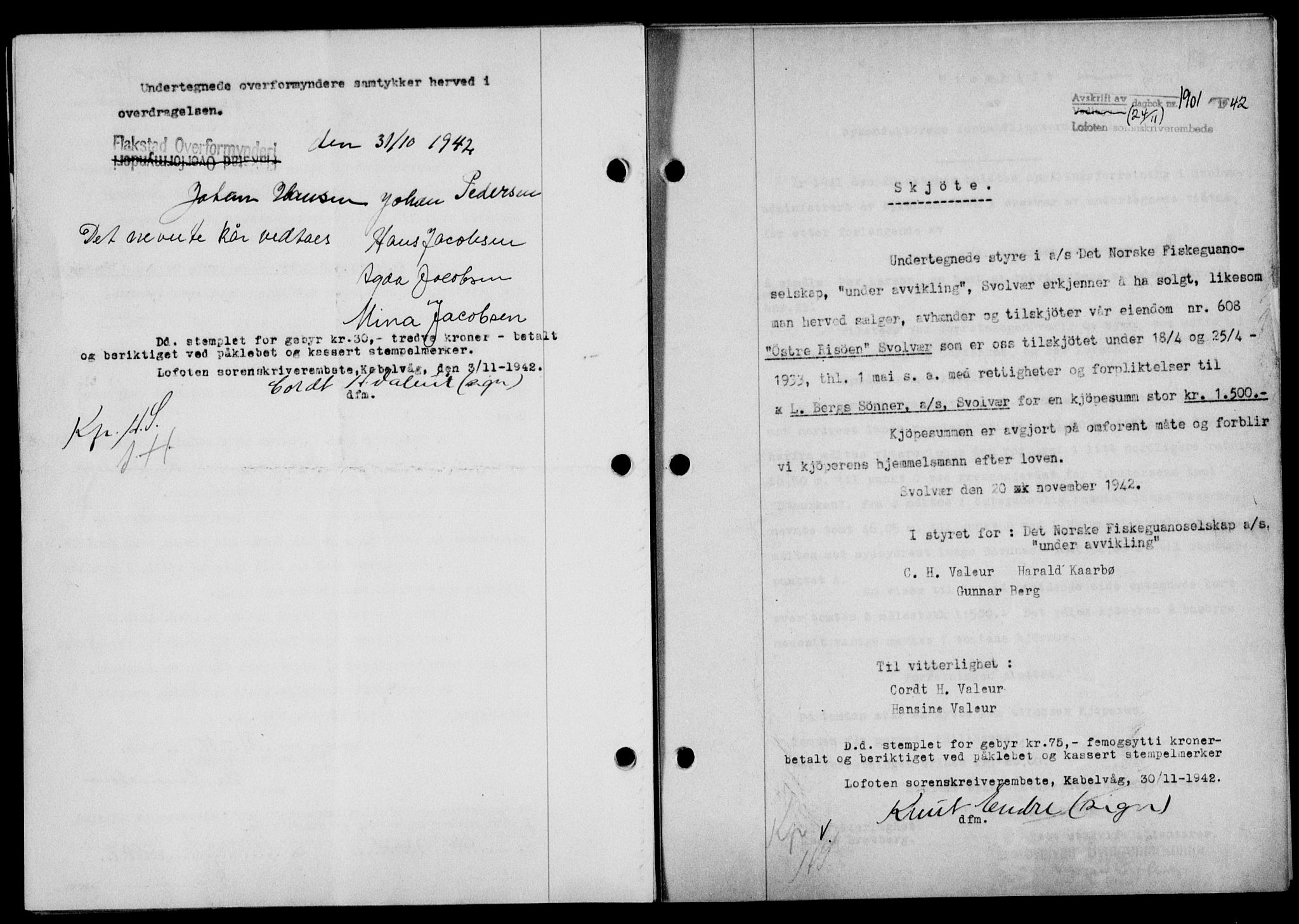 Lofoten sorenskriveri, SAT/A-0017/1/2/2C/L0010a: Mortgage book no. 10a, 1942-1943, Diary no: : 1901/1942