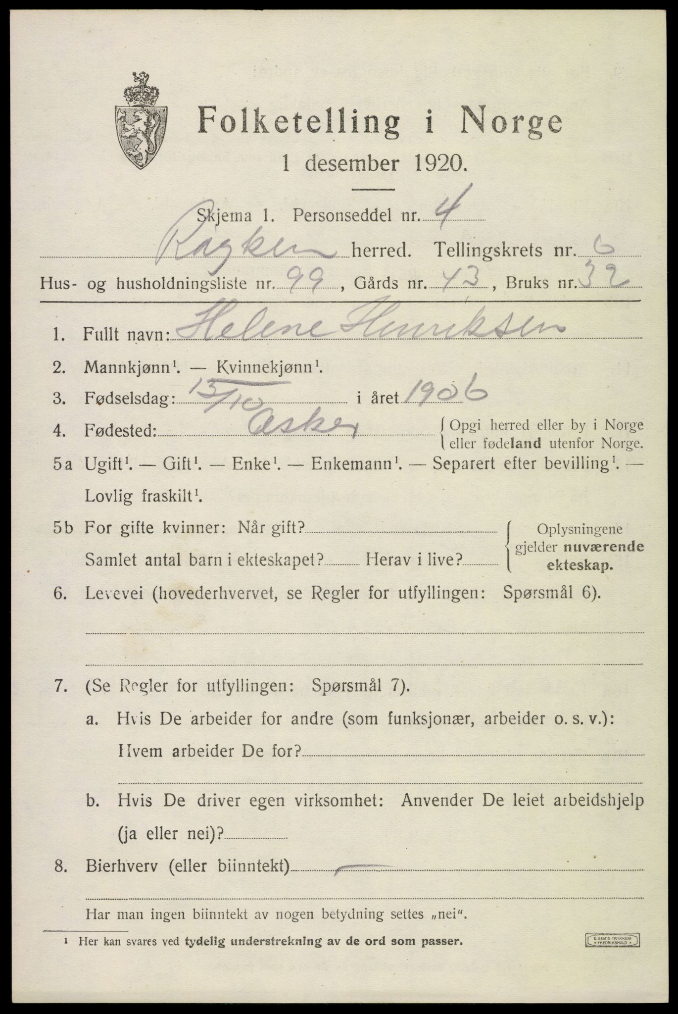 SAKO, 1920 census for Røyken, 1920, p. 10930