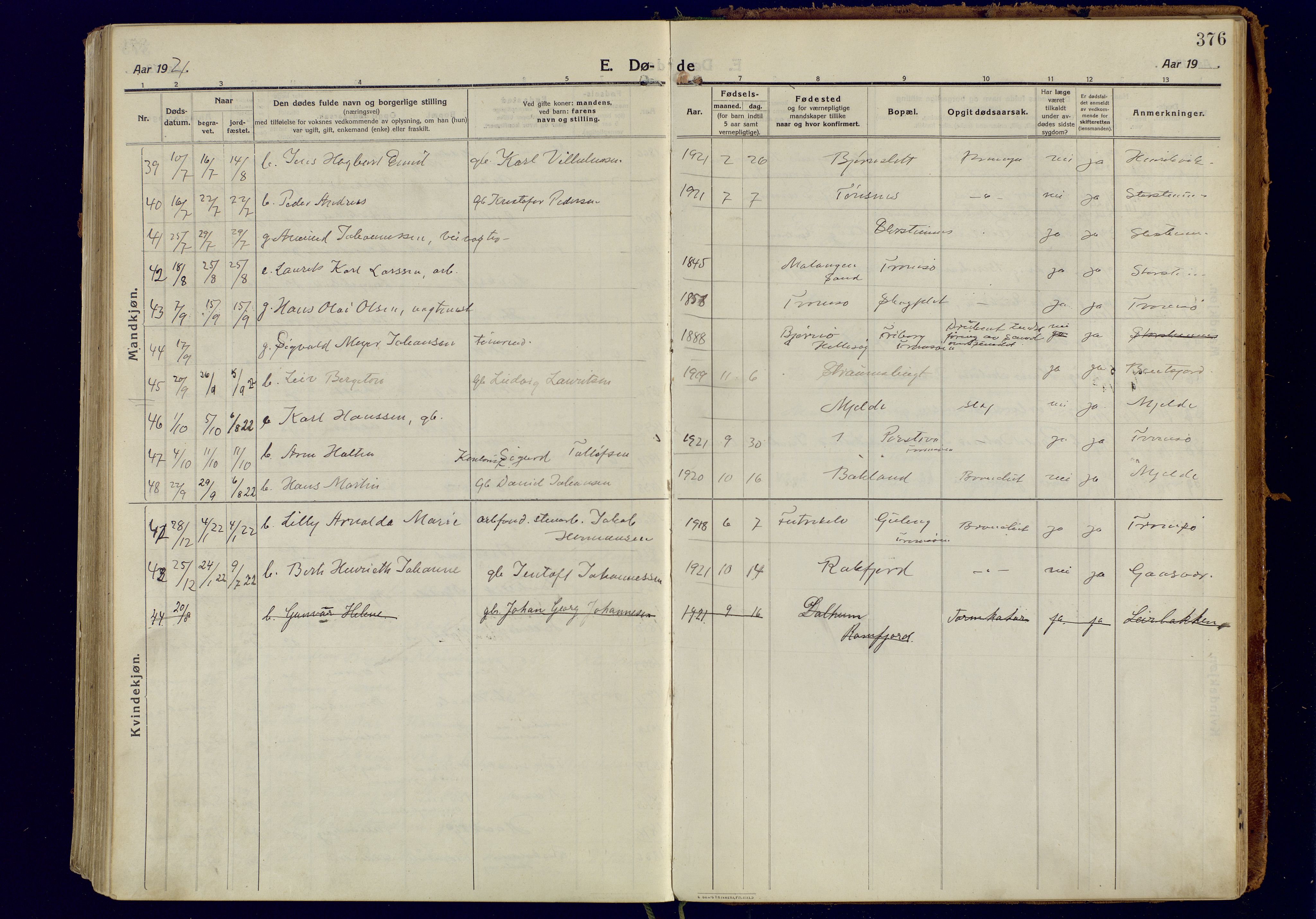 Tromsøysund sokneprestkontor, AV/SATØ-S-1304/G/Ga/L0008kirke: Parish register (official) no. 8, 1914-1922, p. 376