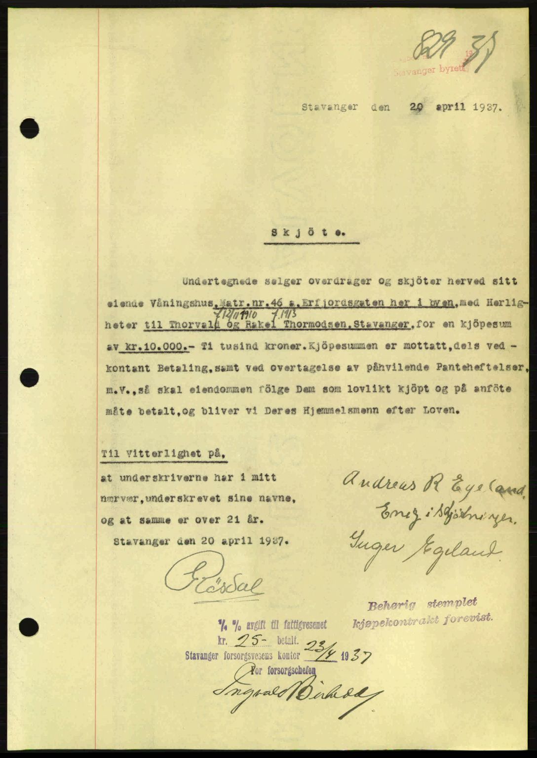 Stavanger byrett, SAST/A-100455/002/G/Gb/L0012: Mortgage book no. A2, 1936-1937, Diary no: : 829/1937