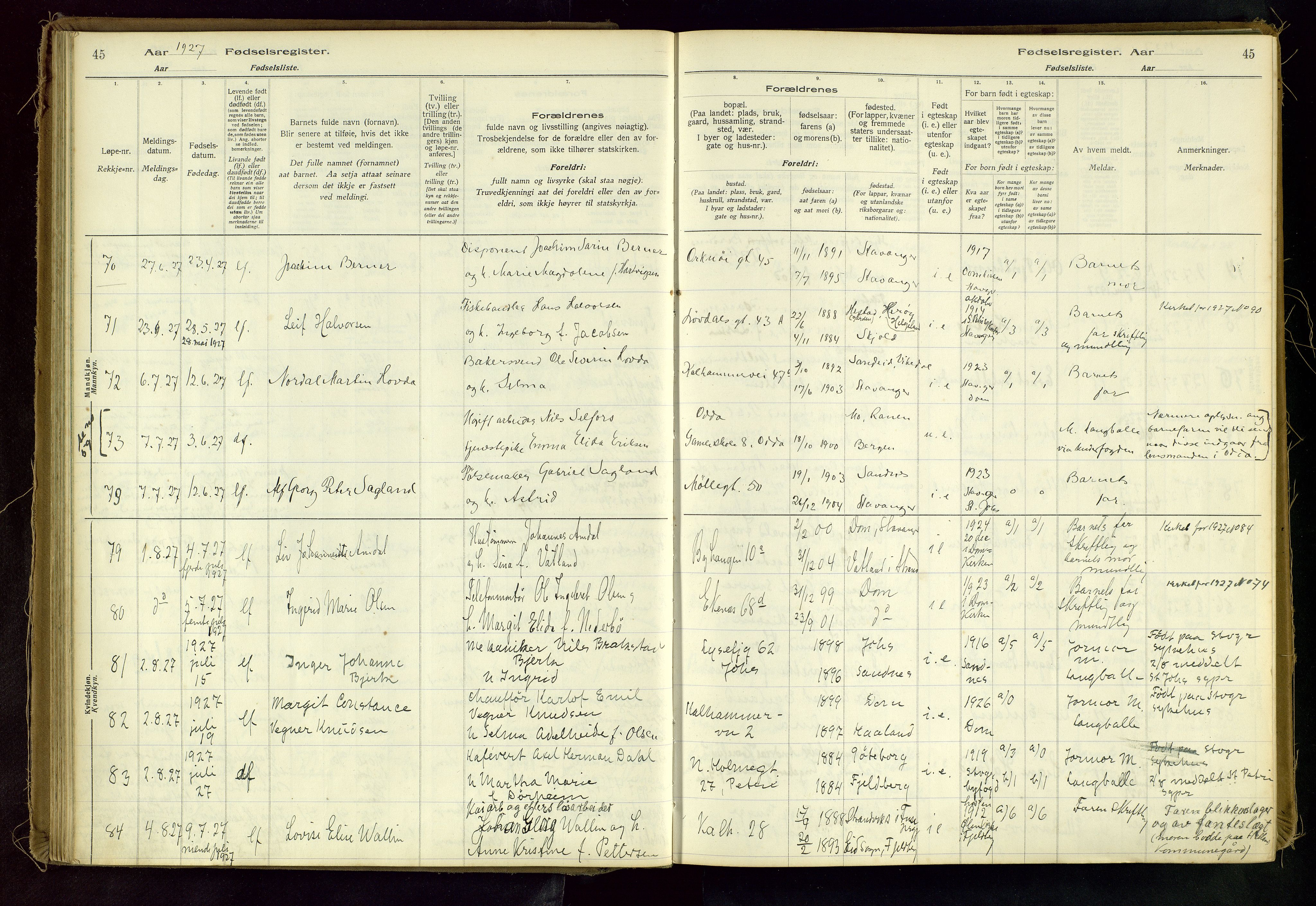 Domkirken sokneprestkontor, AV/SAST-A-101812/002/A/L0001: Birth register no. 1, 1925-1932, p. 45