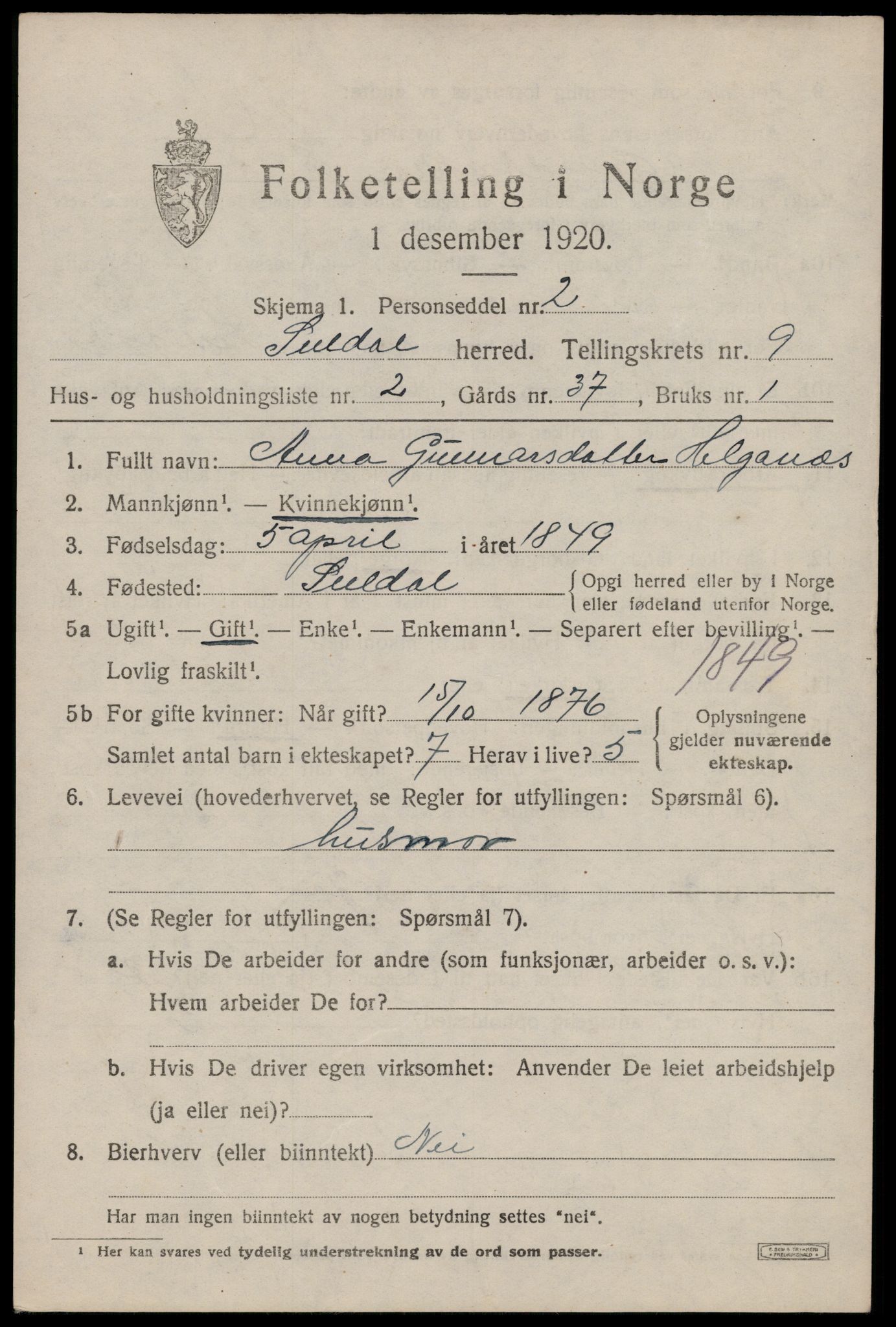 SAST, 1920 census for Suldal, 1920, p. 2156