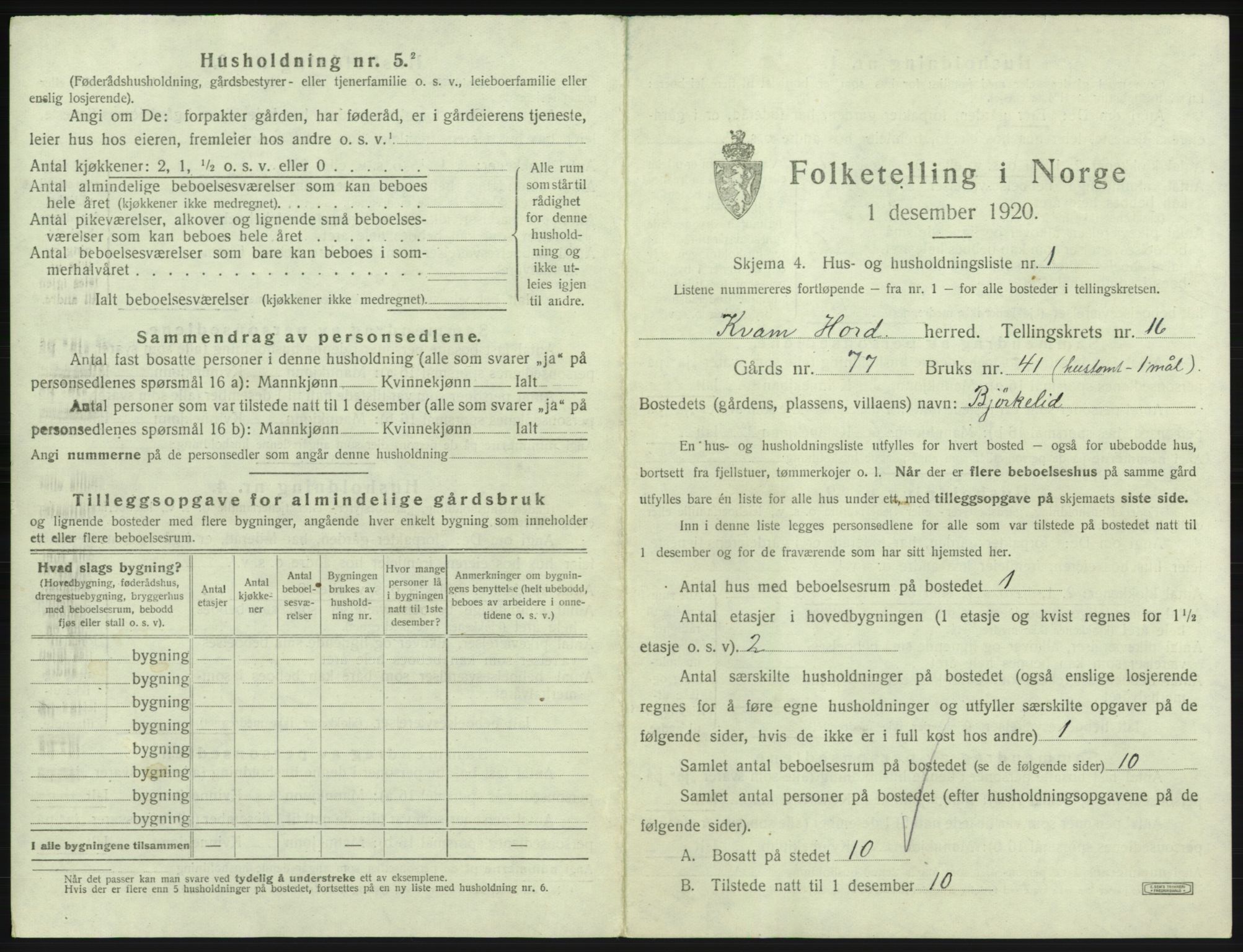 SAB, 1920 census for Kvam, 1920, p. 1263