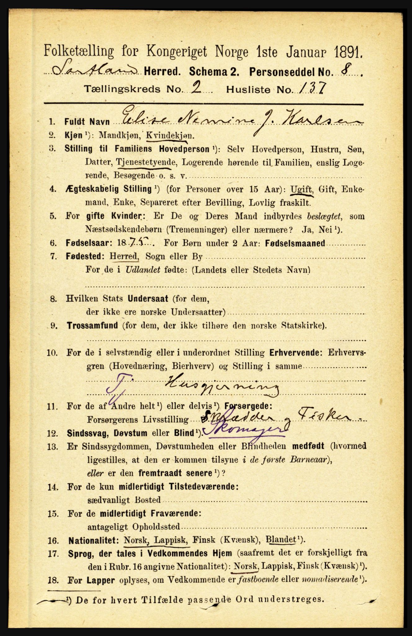 RA, 1891 census for 1870 Sortland, 1891, p. 2040