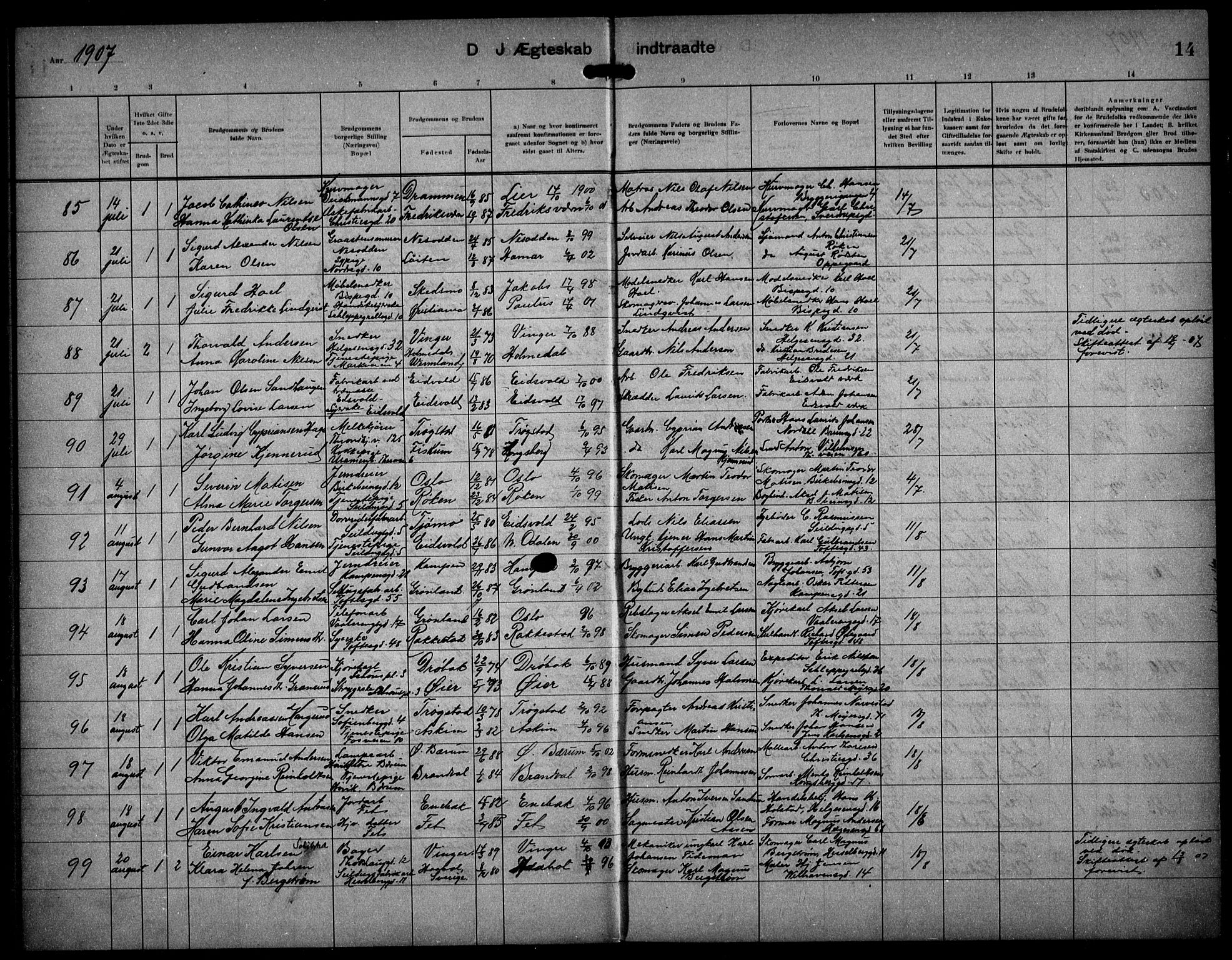 Paulus prestekontor Kirkebøker, AV/SAO-A-10871/F/Fa/L0017: Parish register (official) no. 17, 1906-1917, p. 14