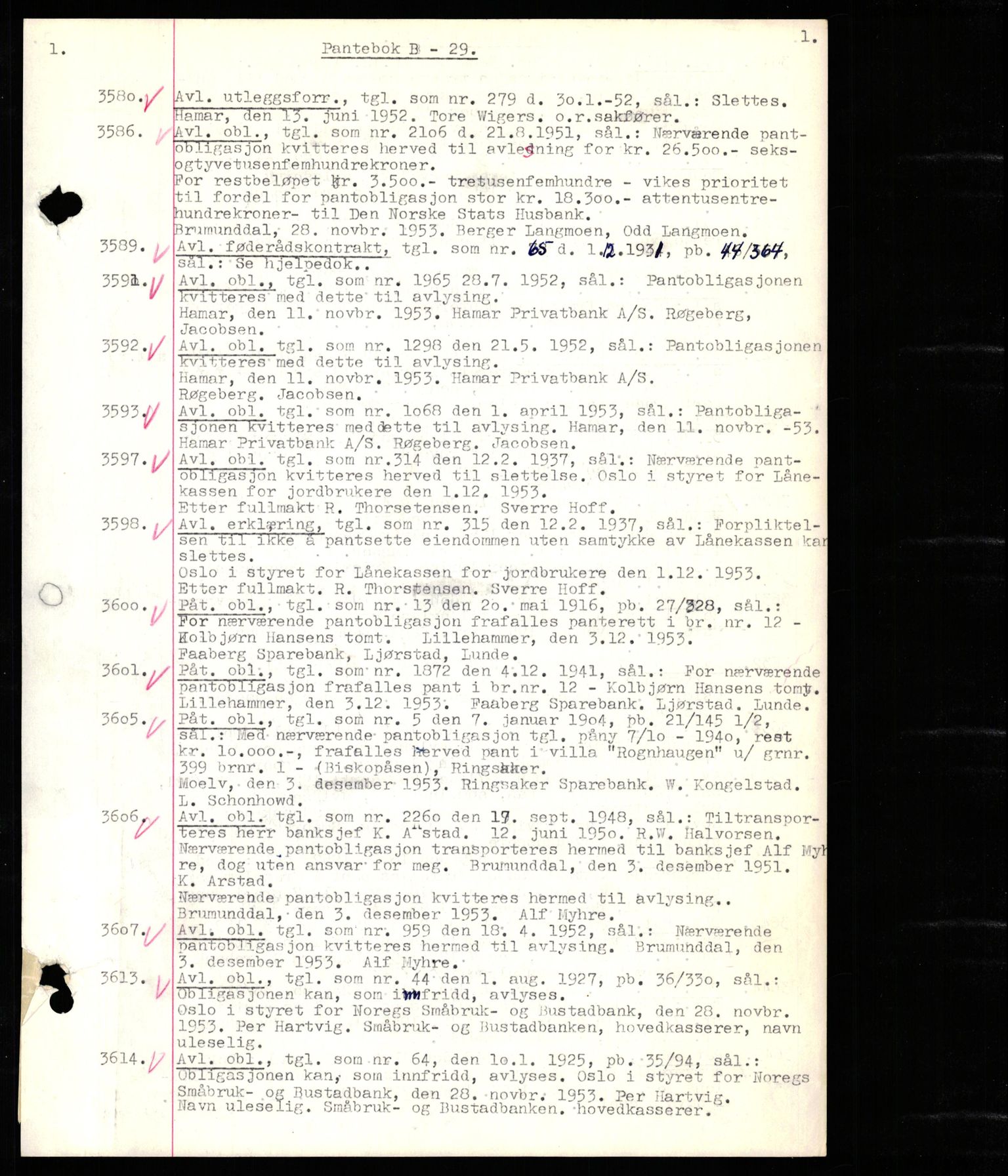 Nord-Hedmark sorenskriveri, SAH/TING-012/H/Hb/Hbf/L0029: Mortgage book no. B29, 1953-1954, Diary no: : 3580/1953