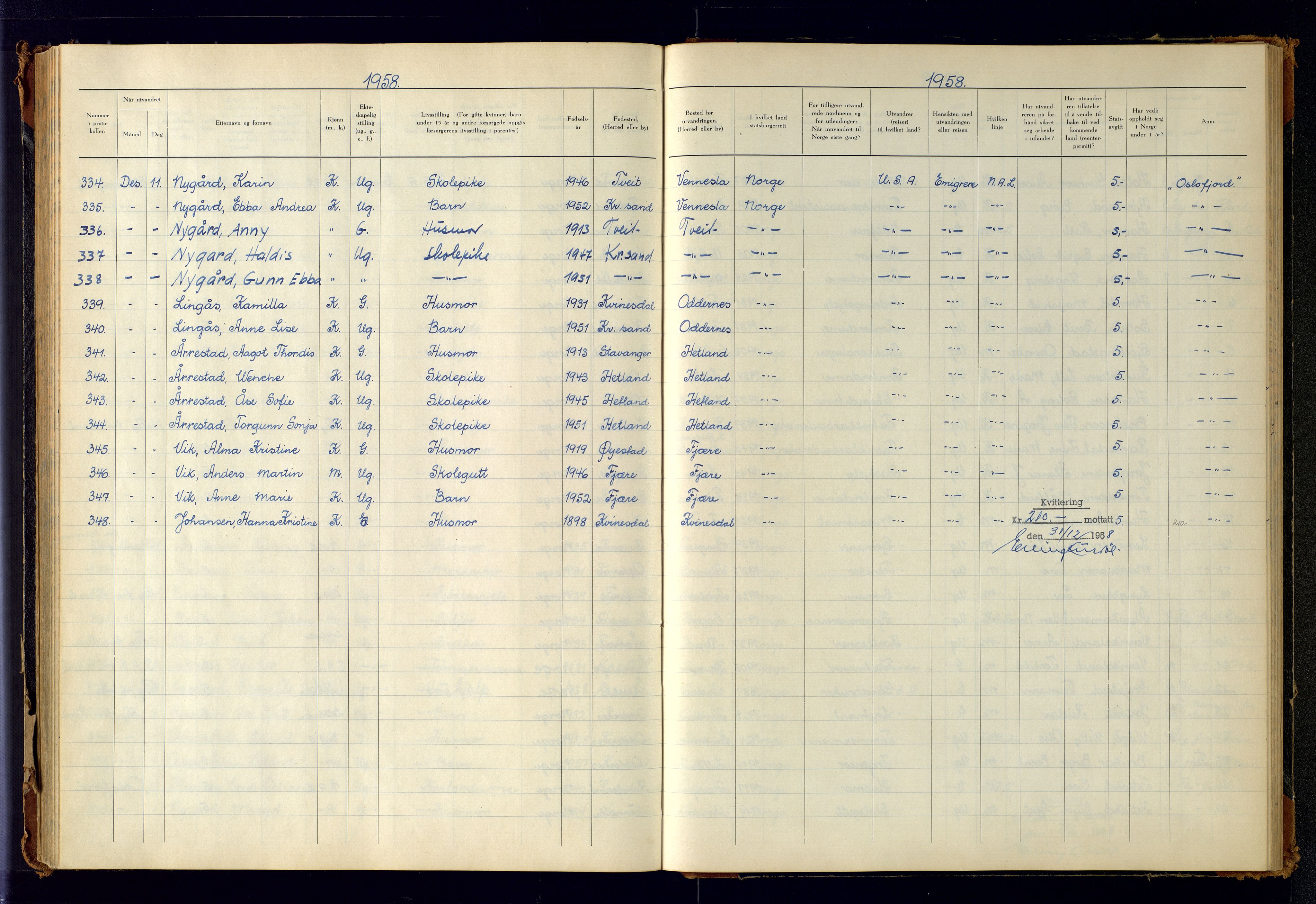 Kristiansand politikammer, AV/SAK-1243-0004/K/Kb/L0249: Emigrantprotokoll, 1951-1961, p. 149