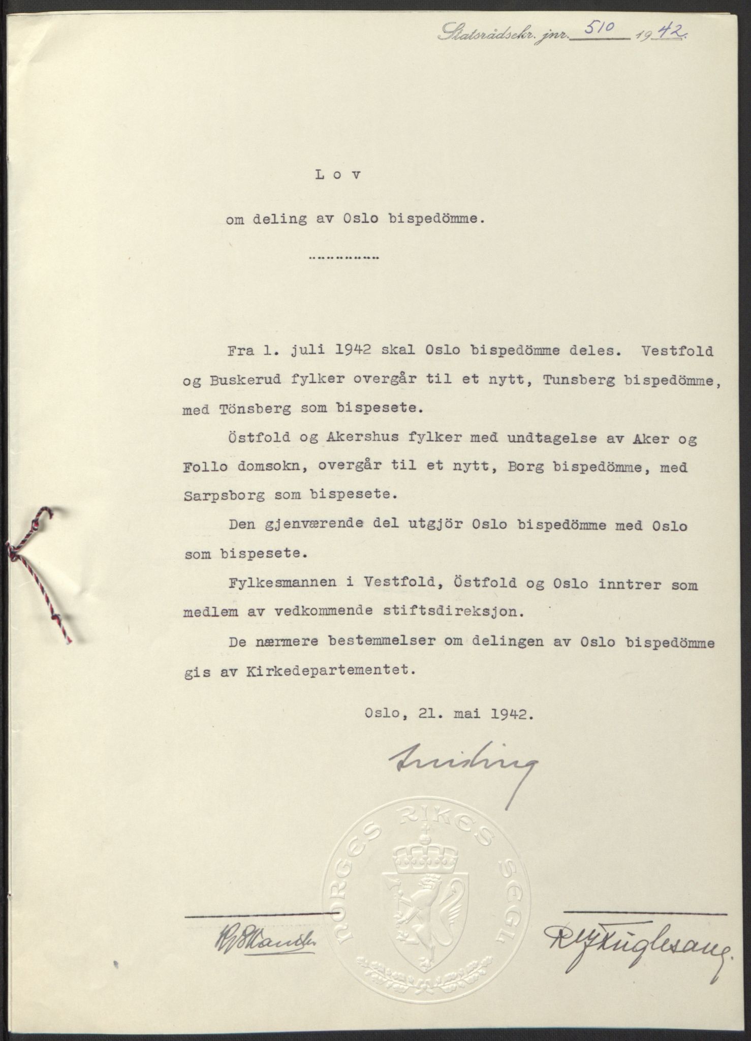 NS-administrasjonen 1940-1945 (Statsrådsekretariatet, de kommisariske statsråder mm), RA/S-4279/D/Db/L0098: Lover II, 1942, p. 19