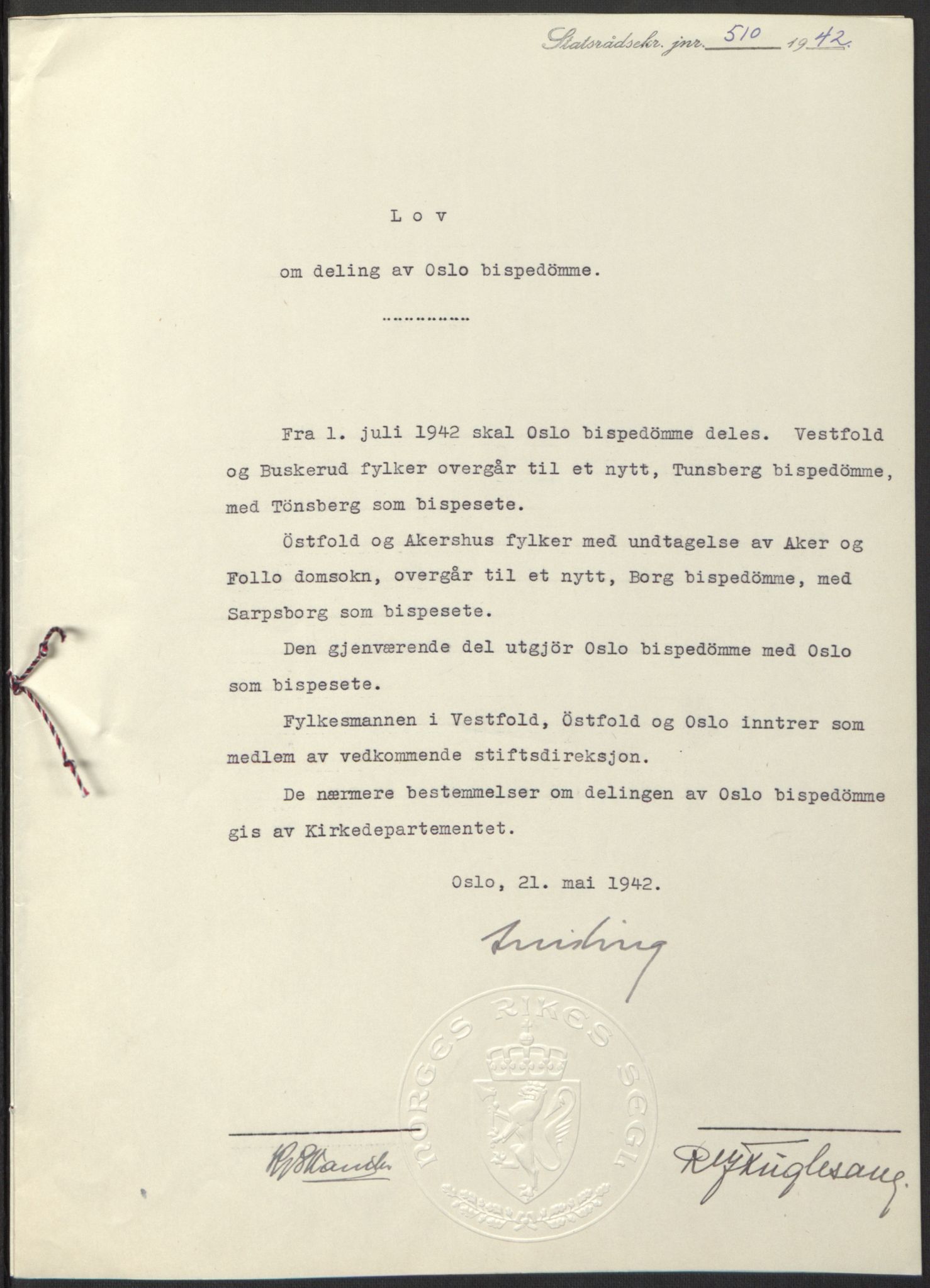 NS-administrasjonen 1940-1945 (Statsrådsekretariatet, de kommisariske statsråder mm), AV/RA-S-4279/D/Db/L0098: Lover II, 1942, p. 19