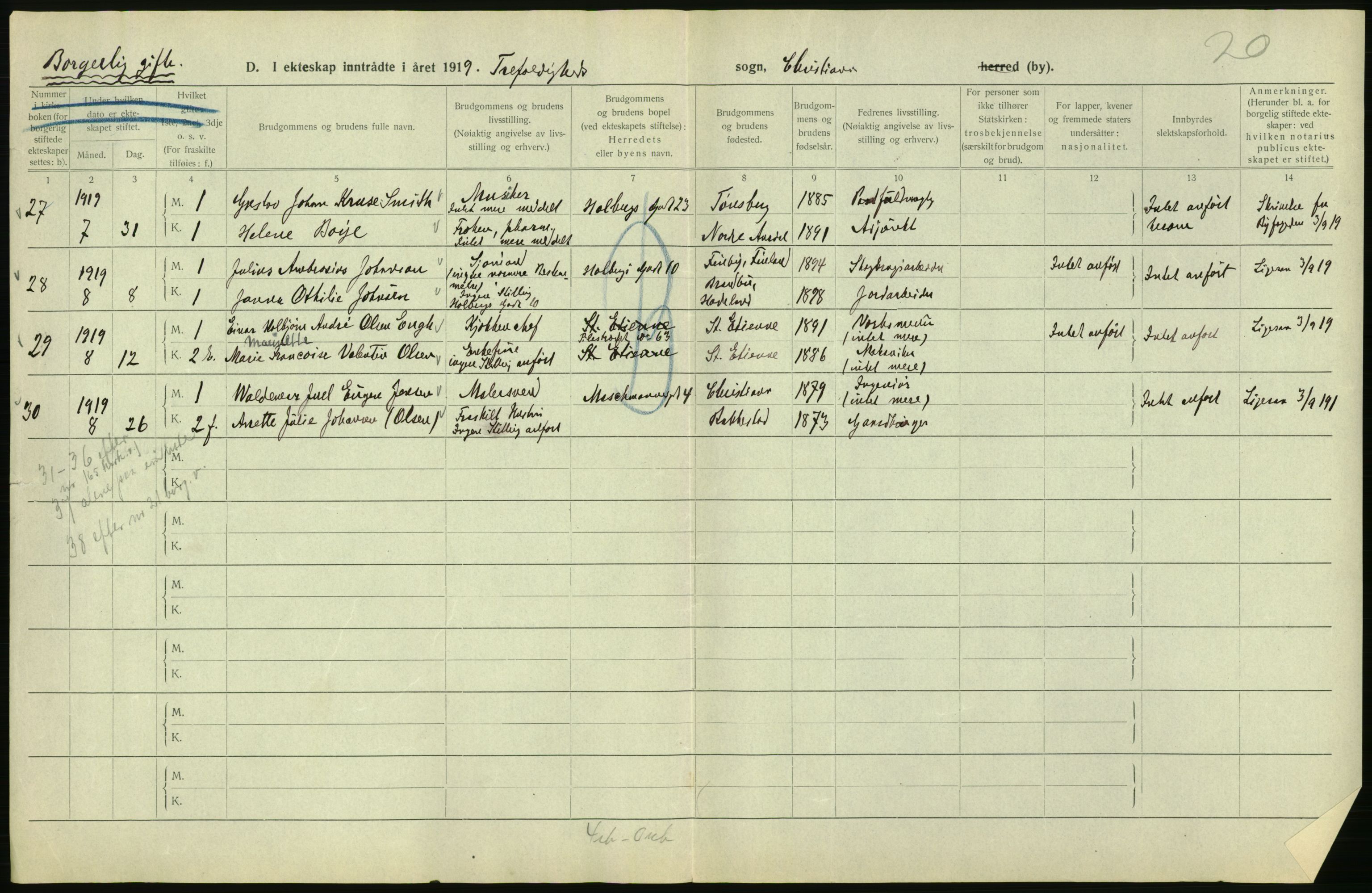 Statistisk sentralbyrå, Sosiodemografiske emner, Befolkning, AV/RA-S-2228/D/Df/Dfb/Dfbi/L0009: Kristiania: Gifte, 1919, p. 132