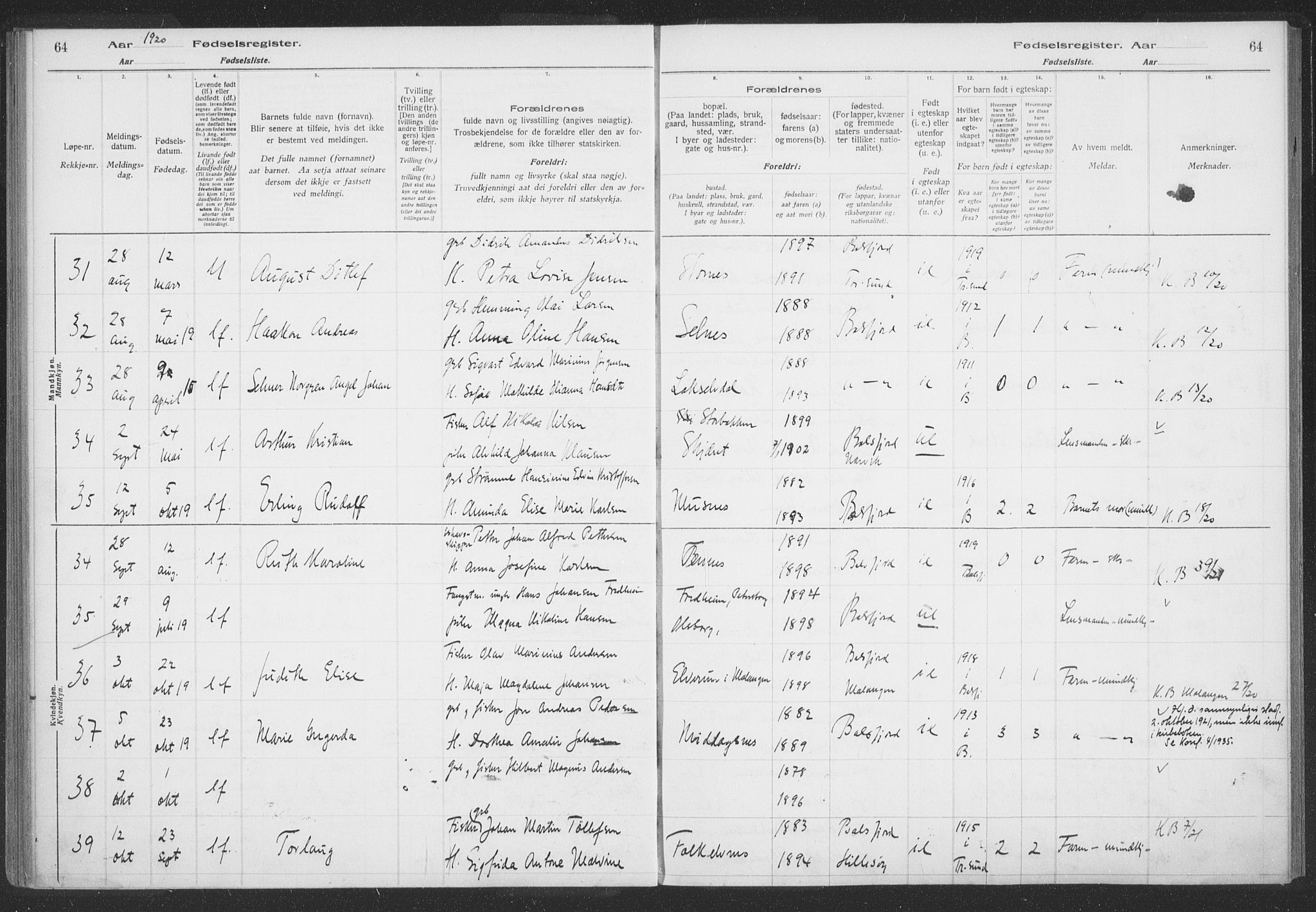 Balsfjord sokneprestembete, AV/SATØ-S-1303/H/Hb/L0059: Birth register no. 59, 1916-1930, p. 64