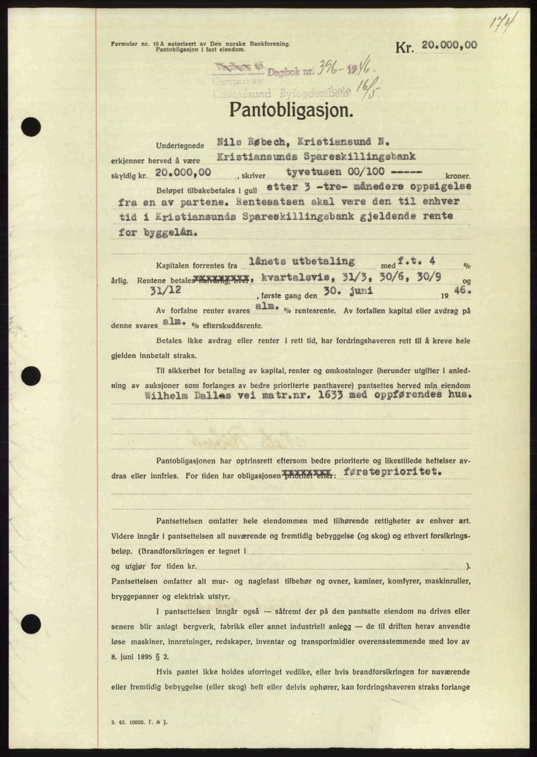 Kristiansund byfogd, AV/SAT-A-4587/A/27: Mortgage book no. 40, 1946-1946, Diary no: : 396/1946