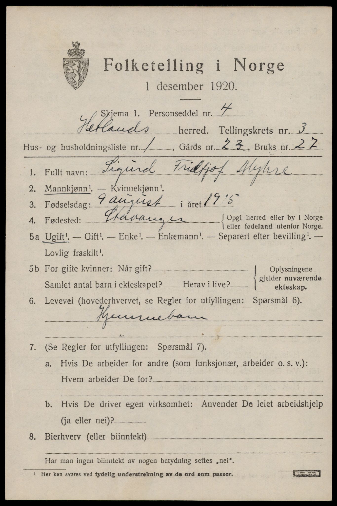 SAST, 1920 census for Hetland, 1920, p. 5215