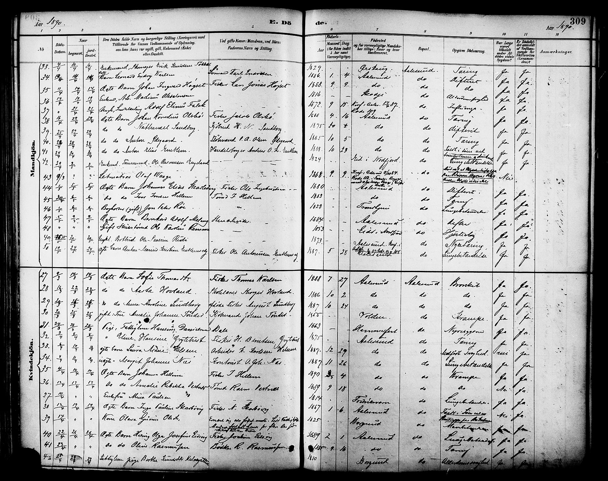 Ministerialprotokoller, klokkerbøker og fødselsregistre - Møre og Romsdal, AV/SAT-A-1454/529/L0455: Parish register (official) no. 529A05, 1885-1893, p. 309