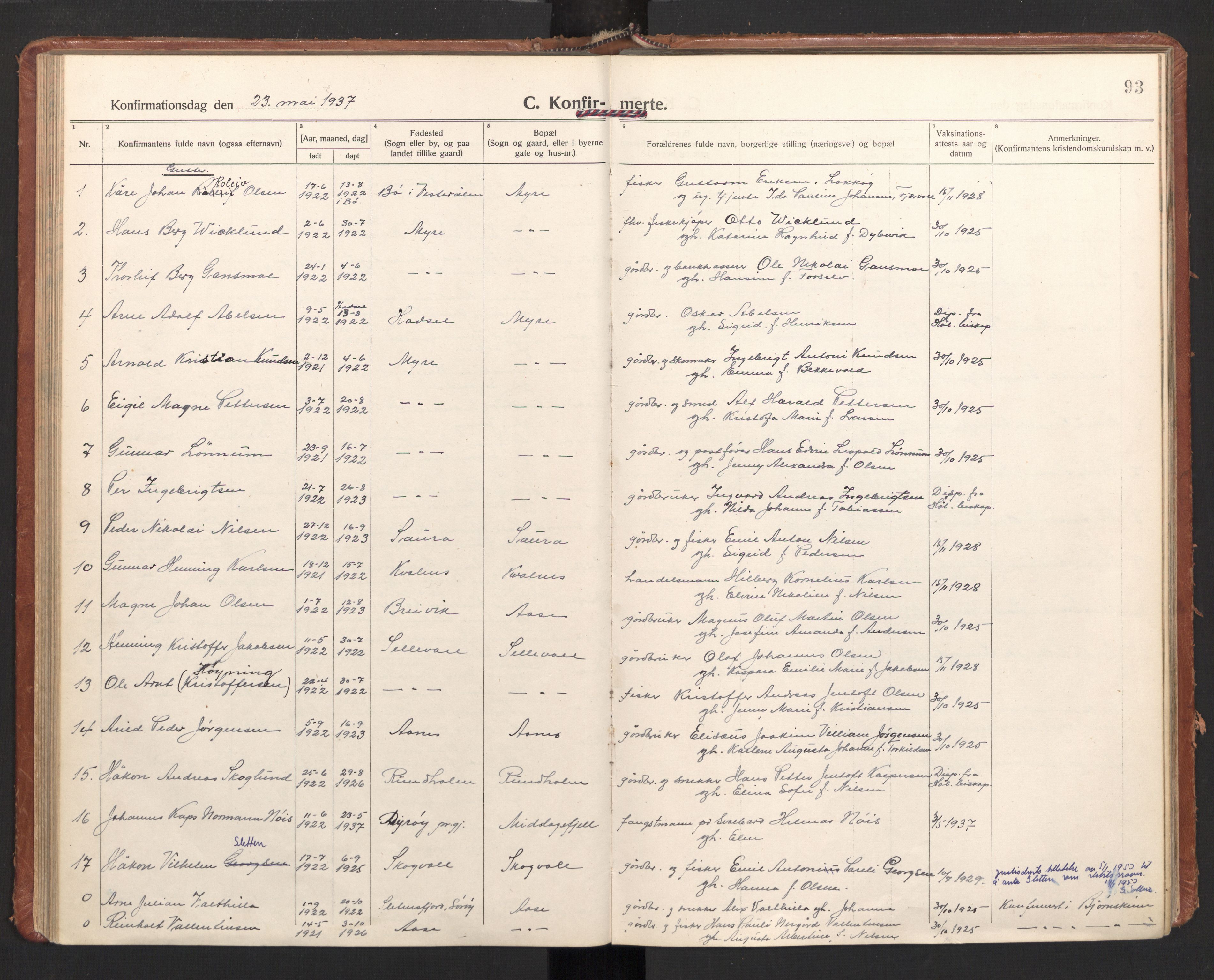 Ministerialprotokoller, klokkerbøker og fødselsregistre - Nordland, SAT/A-1459/897/L1408: Parish register (official) no. 897A15, 1922-1938, p. 93