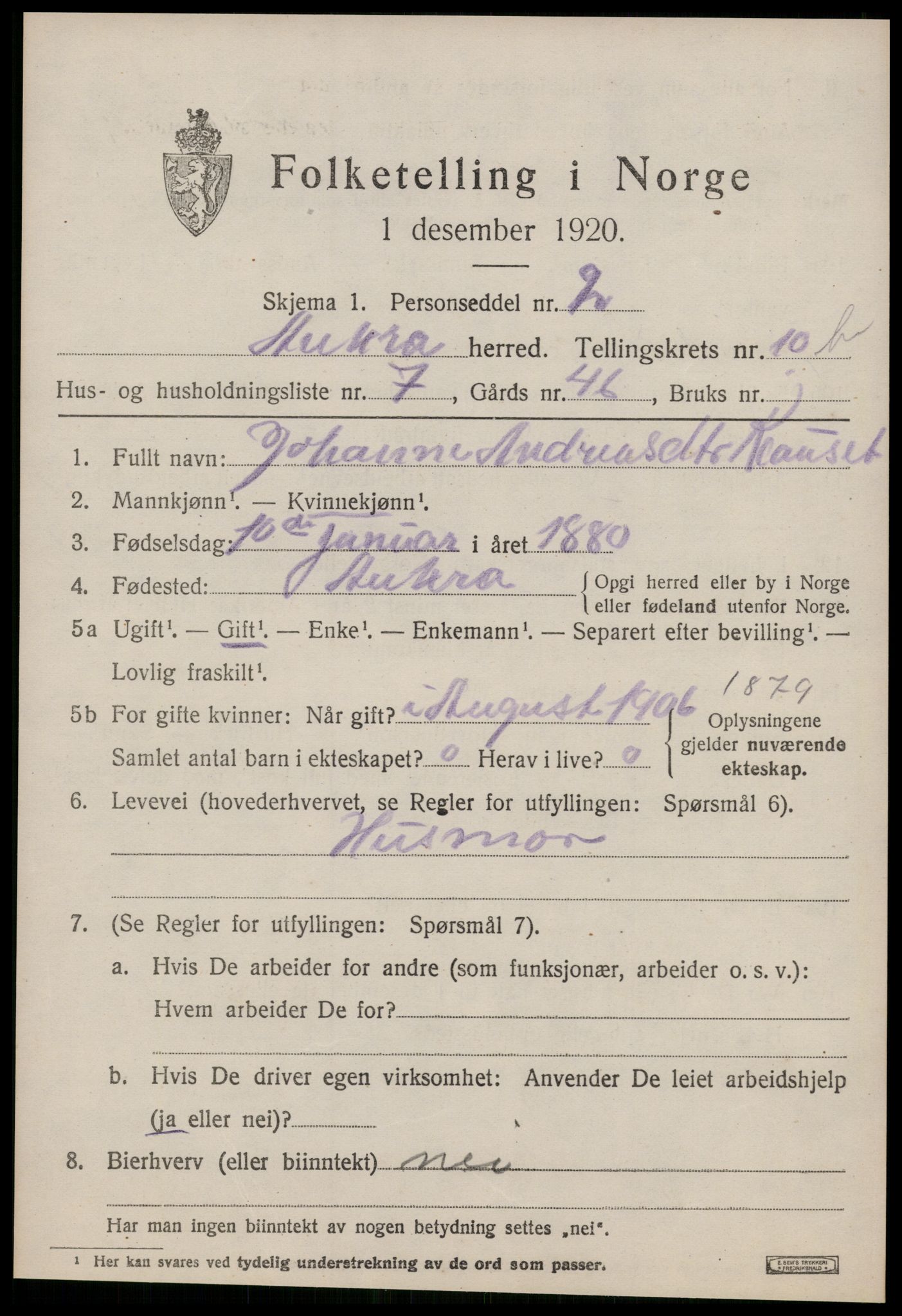 SAT, 1920 census for Aukra, 1920, p. 5053