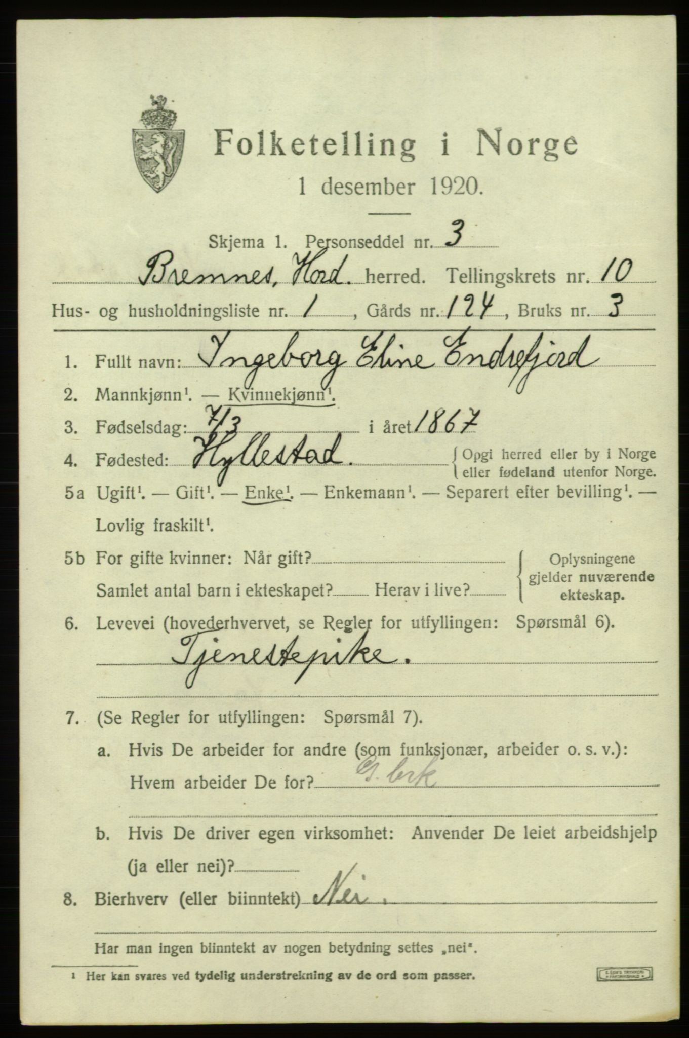 SAB, 1920 census for Bremnes, 1920, p. 6360