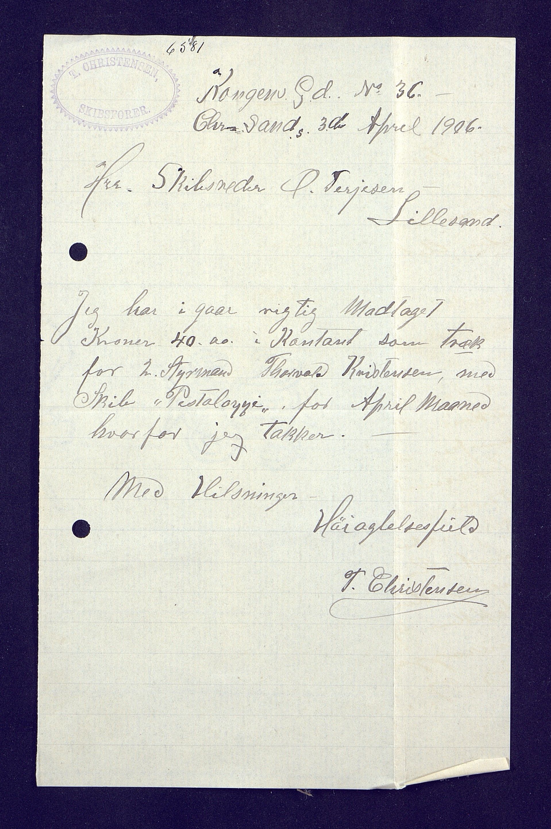 O. Terjesens rederi, AAKS/PA-2525/E/E01/L0015: Korrespondanse, 1906