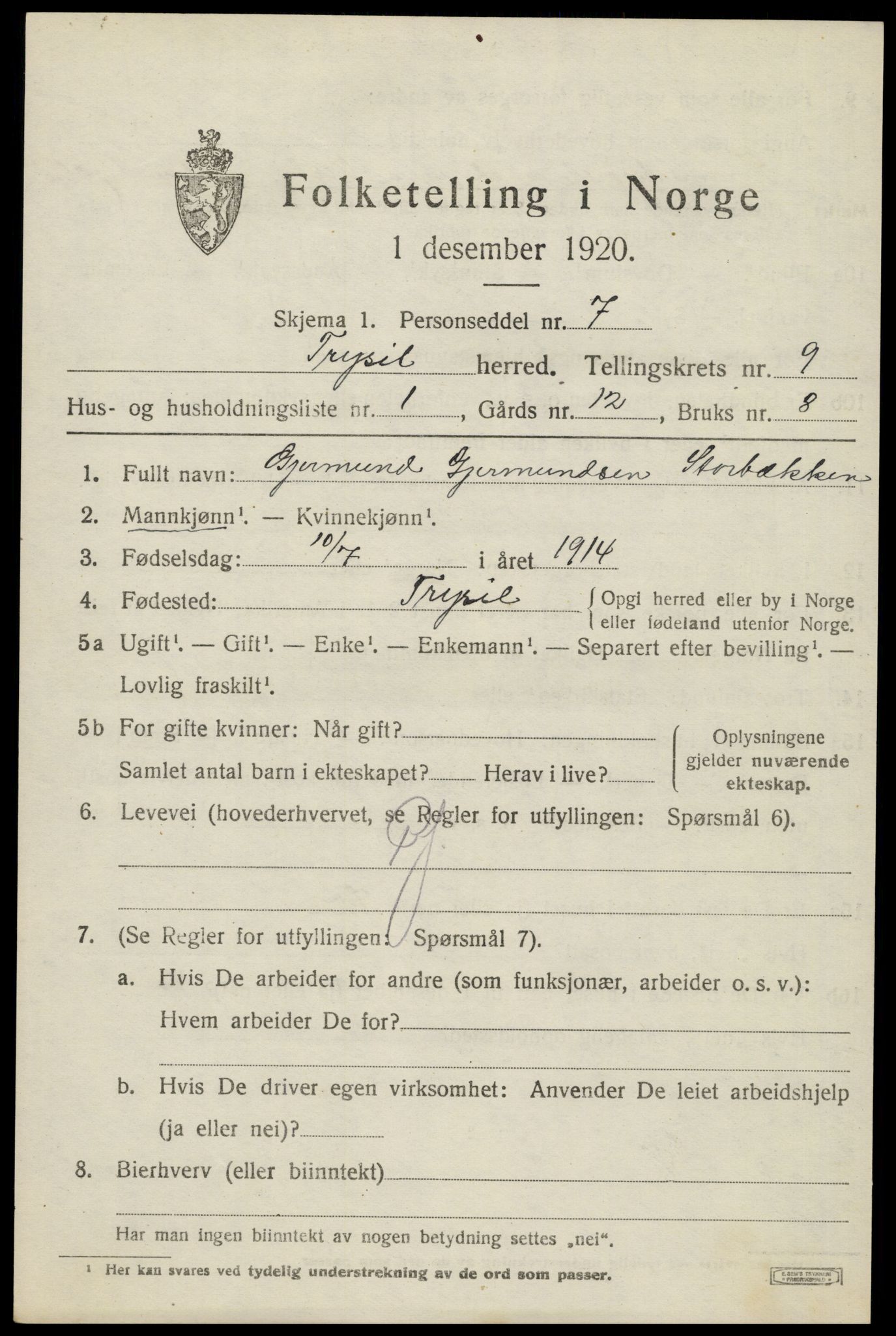 SAH, 1920 census for Trysil, 1920, p. 6567