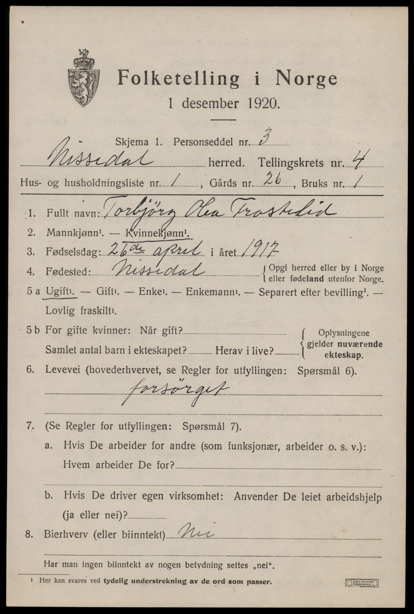 SAKO, 1920 census for Nissedal, 1920, p. 1831