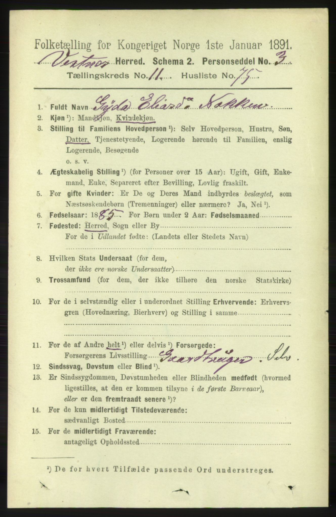 RA, 1891 census for 1535 Vestnes, 1891, p. 4365