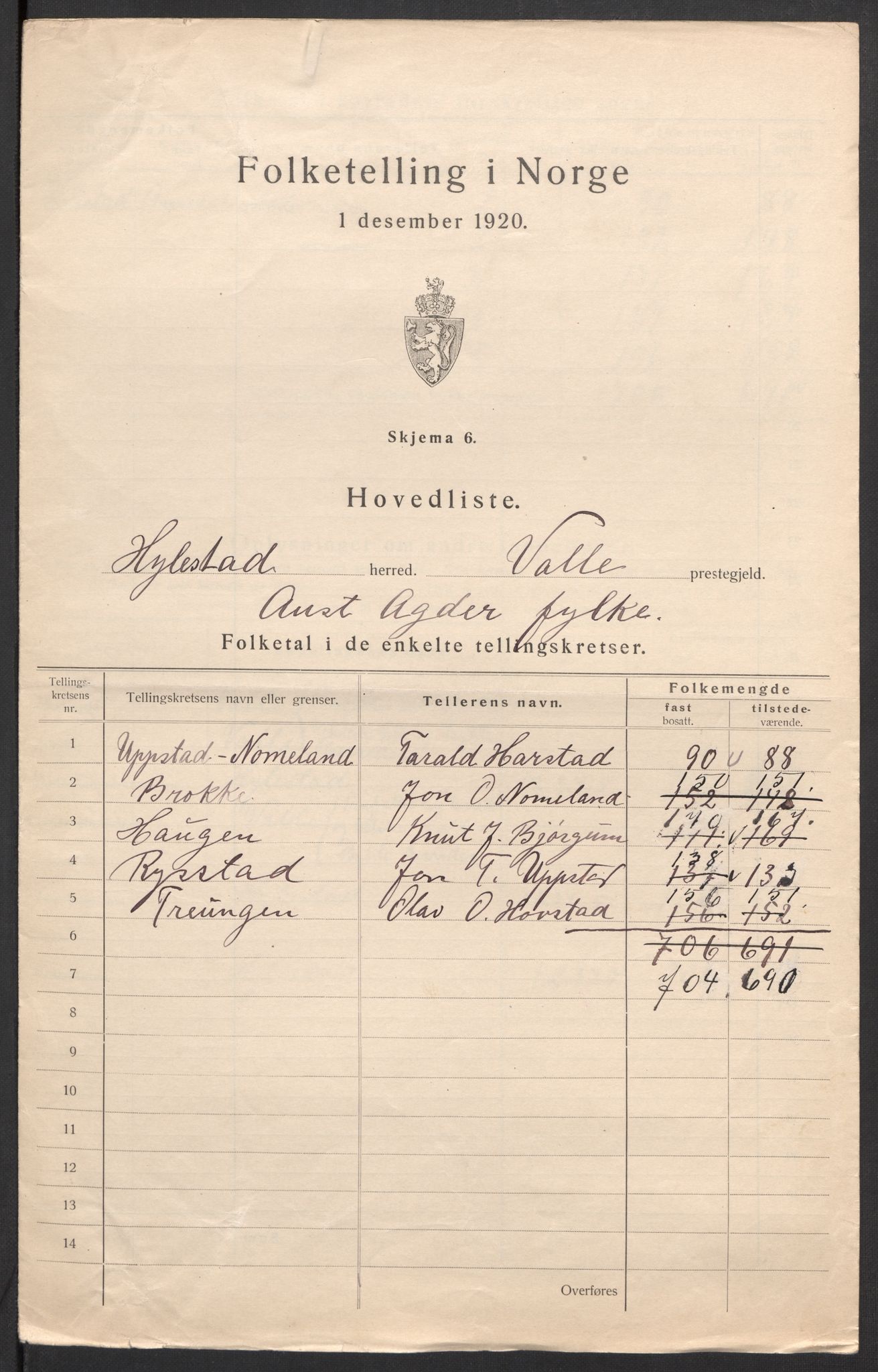 SAK, 1920 census for Hylestad, 1920, p. 6