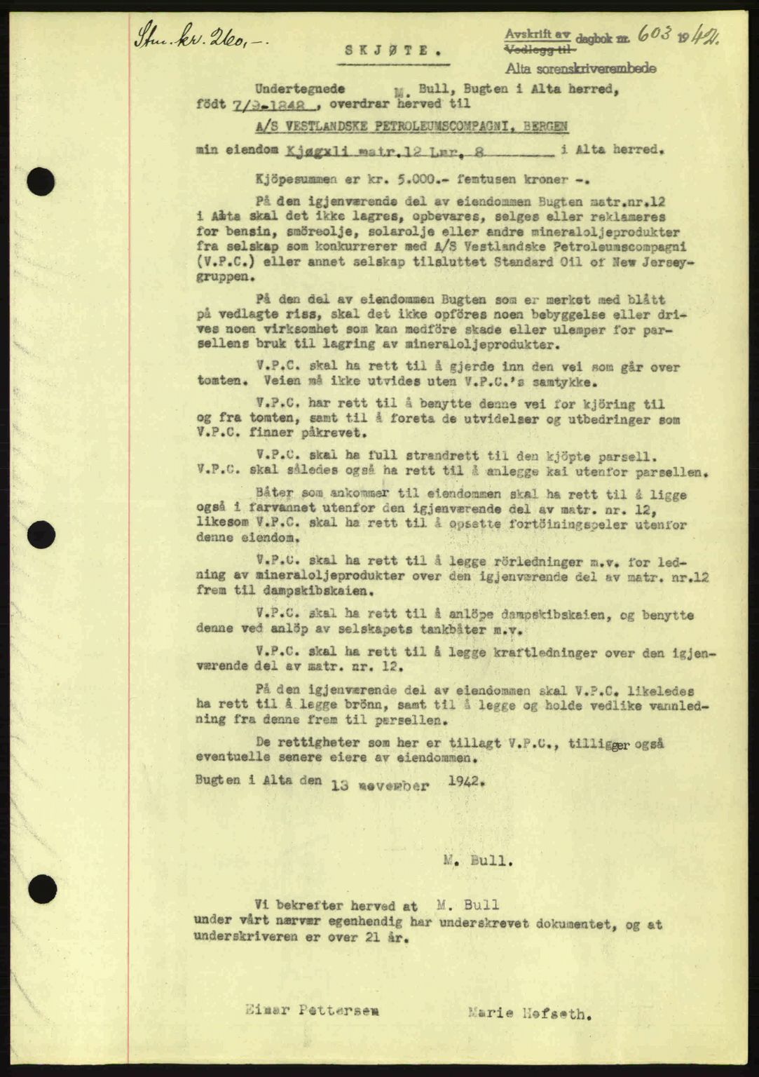 Alta fogderi/sorenskriveri, SATØ/SATØ-5/1/K/Kd/L0033pantebok: Mortgage book no. 33, 1940-1943, Diary no: : 603/1942