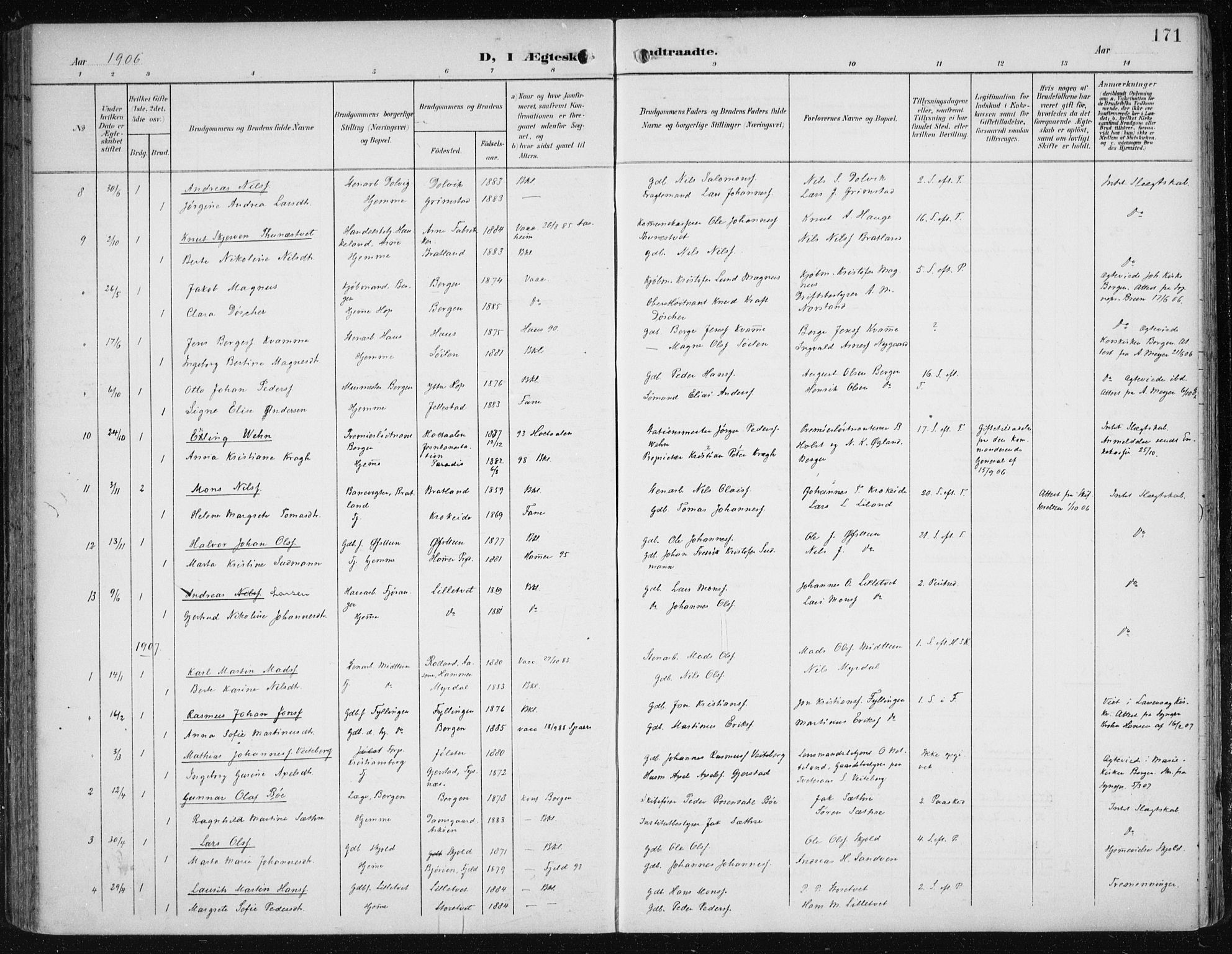 Fana Sokneprestembete, SAB/A-75101/H/Haa/Haai/L0003: Parish register (official) no. I 3, 1900-1912, p. 171