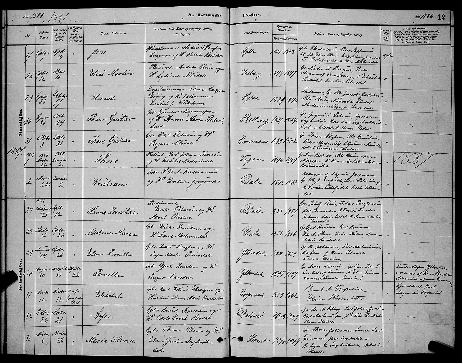 Ministerialprotokoller, klokkerbøker og fødselsregistre - Møre og Romsdal, SAT/A-1454/519/L0263: Parish register (copy) no. 519C04, 1885-1892, p. 12