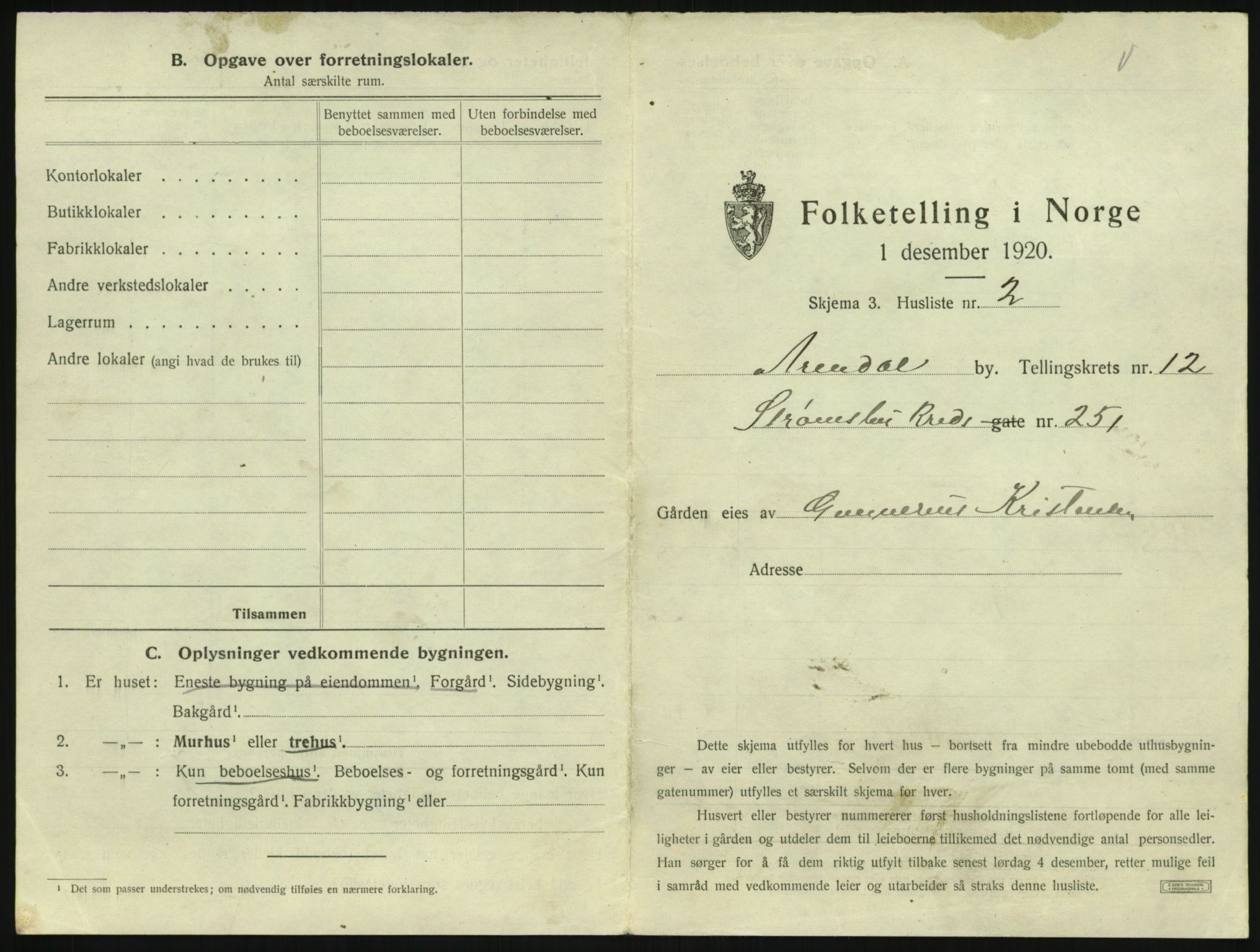 SAK, 1920 census for Arendal, 1920, p. 1650