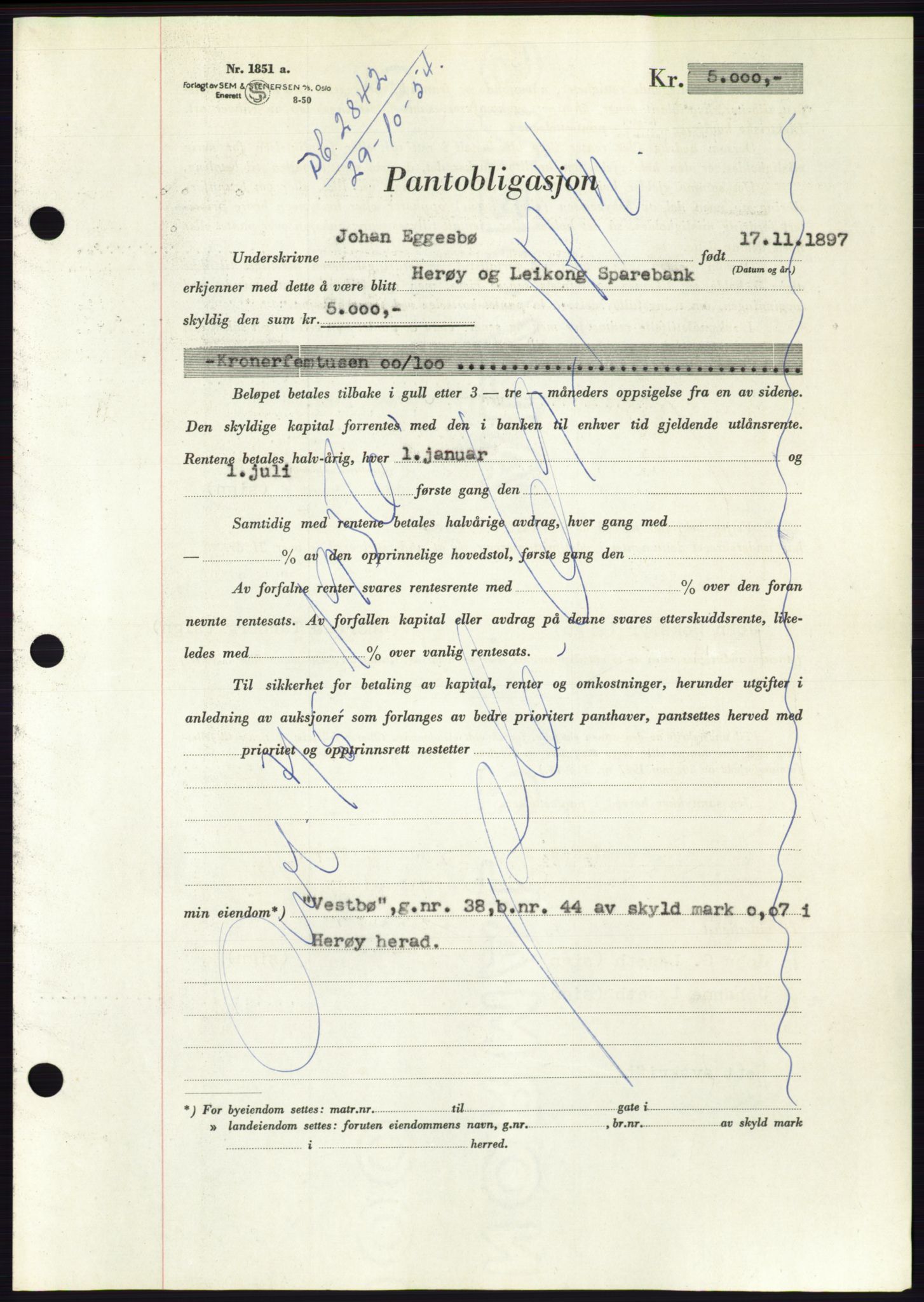 Søre Sunnmøre sorenskriveri, AV/SAT-A-4122/1/2/2C/L0126: Mortgage book no. 14B, 1954-1955, Diary no: : 2842/1954