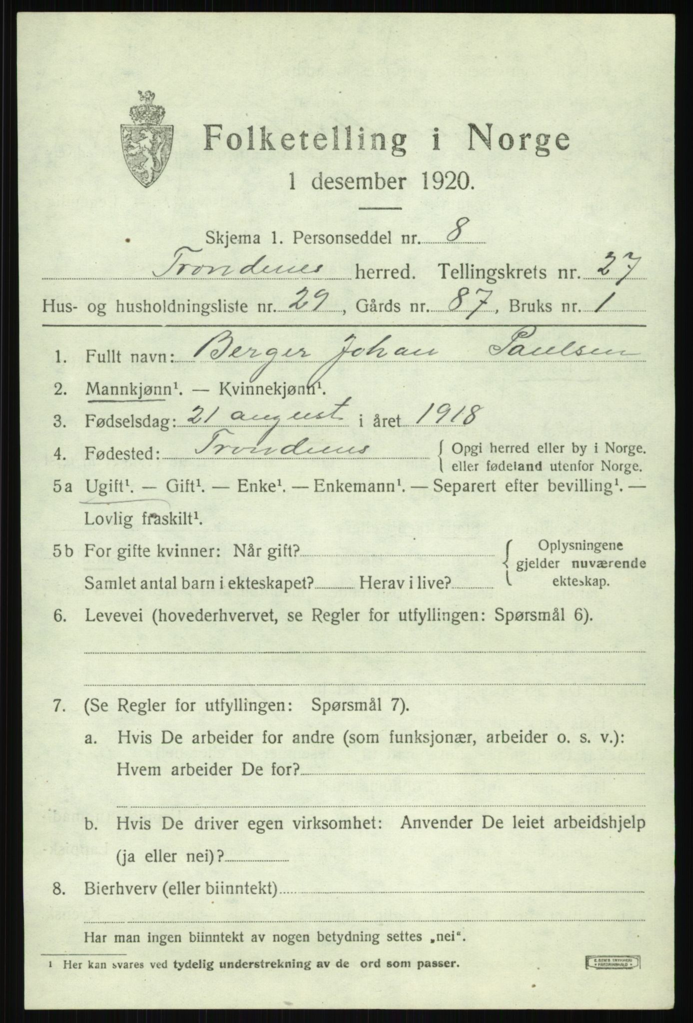 SATØ, 1920 census for Trondenes, 1920, p. 19800