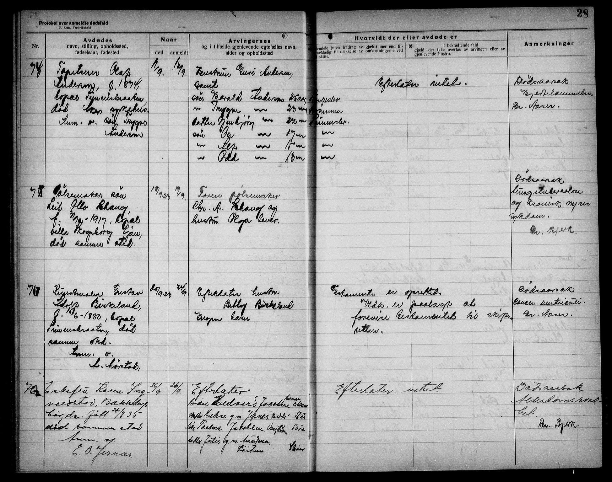 Aker kriminaldommer, skifte- og auksjonsforvalterembete, AV/SAO-A-10452/H/Hb/Hba/Hbad/L0001: Dødsfallsprotokoll for Nordstrand, 1922-1929, p. 28