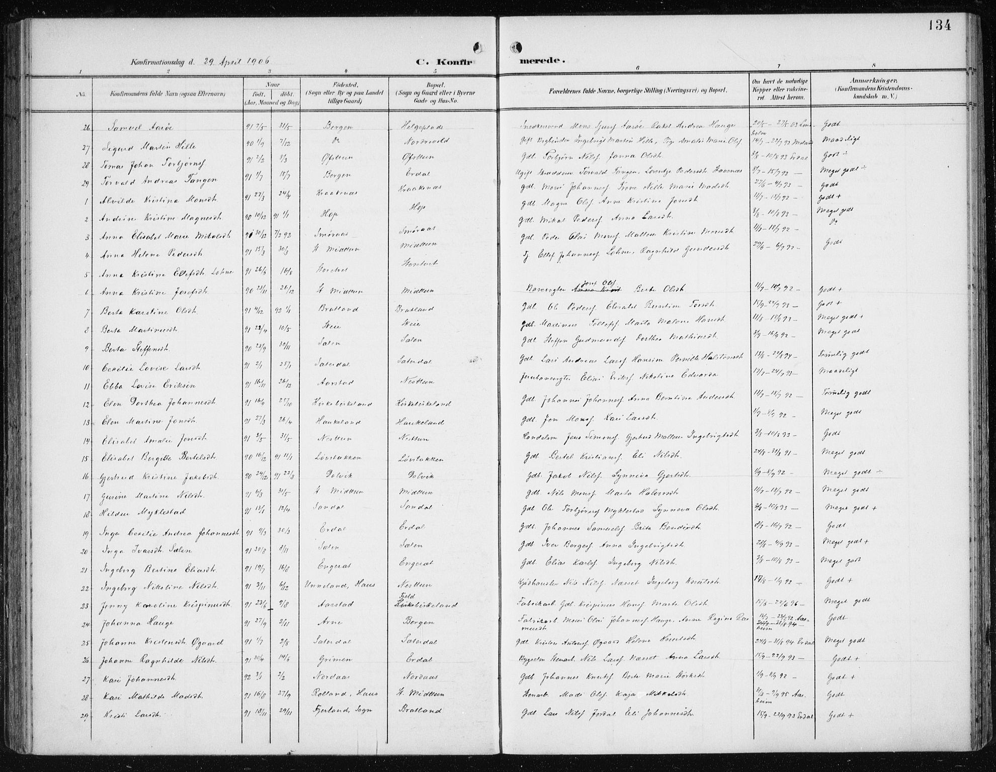 Fana Sokneprestembete, AV/SAB-A-75101/H/Haa/Haai/L0003: Parish register (official) no. I 3, 1900-1912, p. 134