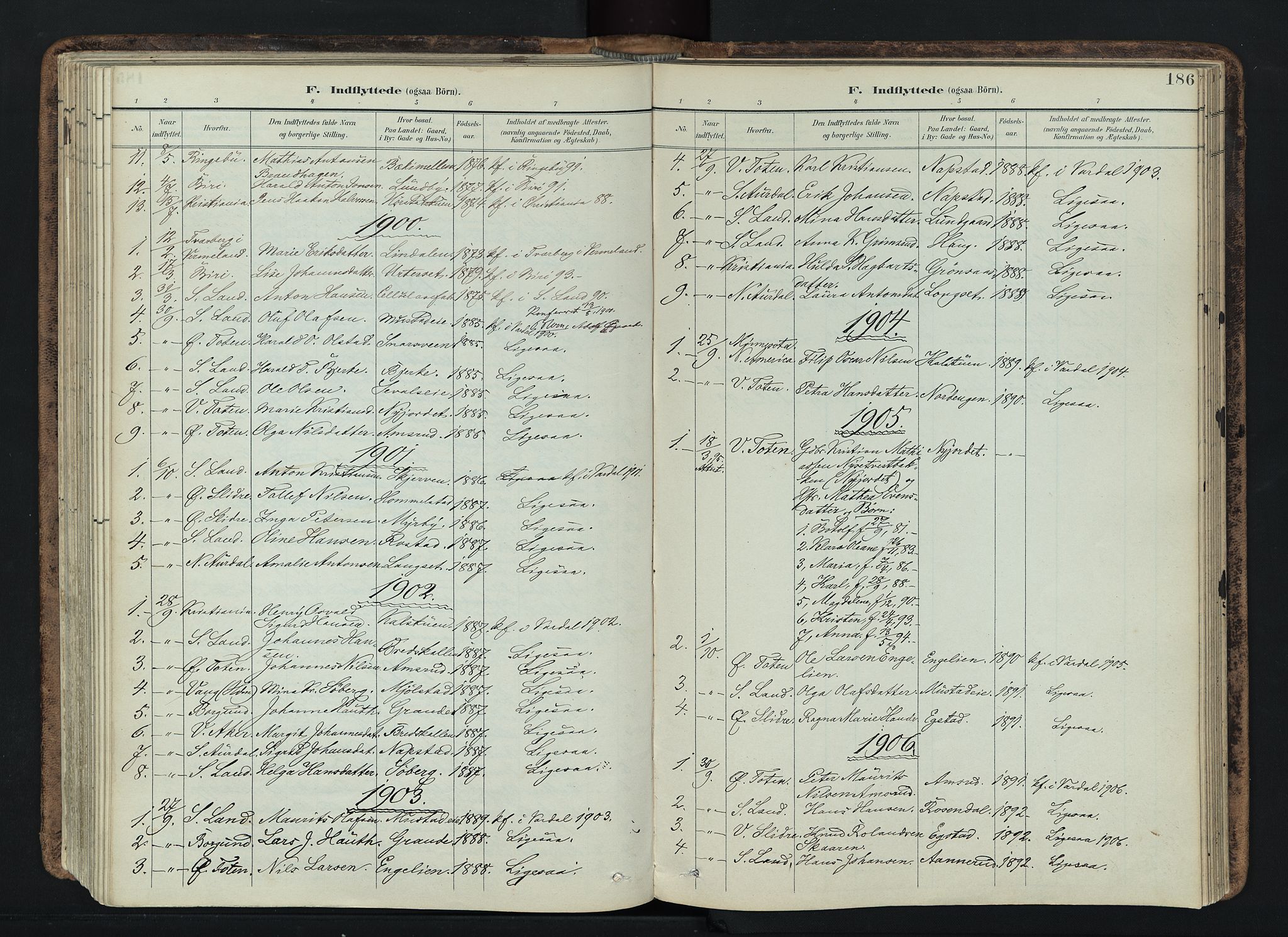Vardal prestekontor, SAH/PREST-100/H/Ha/Haa/L0019: Parish register (official) no. 19, 1893-1907, p. 186